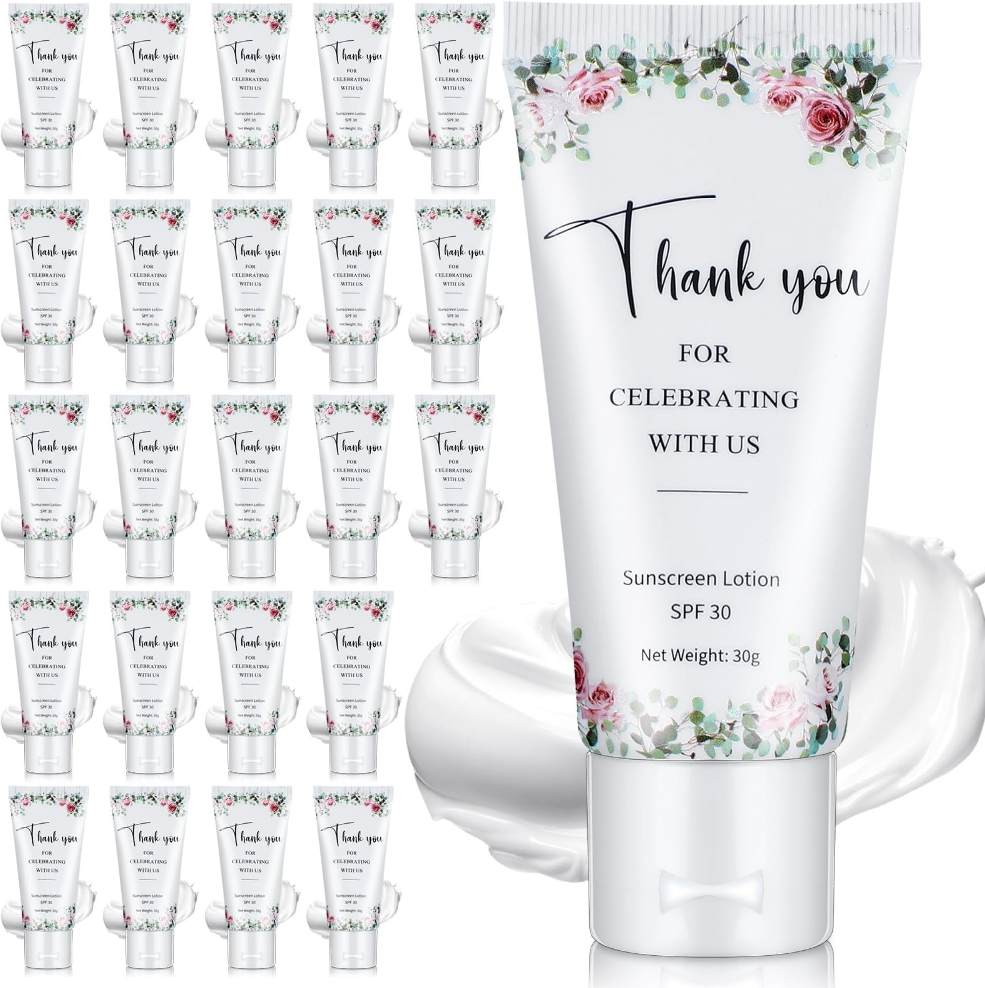 24 Pcs Mini Sunscreen Bulk for Summer Wedding Graduation Party SPF 30 Water Resistant Sunscreen Lotion Bulk 1oz Travel Size Thank You Gifts Wedding Party Supplies(White Cream,Floral)