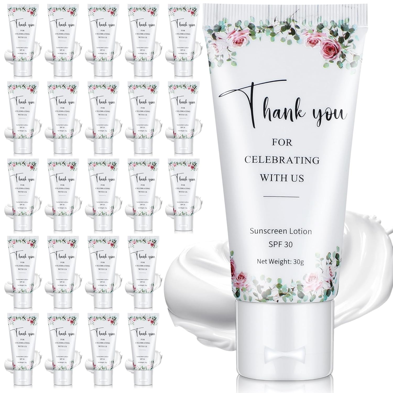24 Pcs Mini Sunscreen Bulk for Summer Wedding Graduation Party SPF 30 Water Resistant Sunscreen Lotion Bulk 1oz Travel Size Thank You Gifts Wedding Party Supplies(White Cream,Floral)