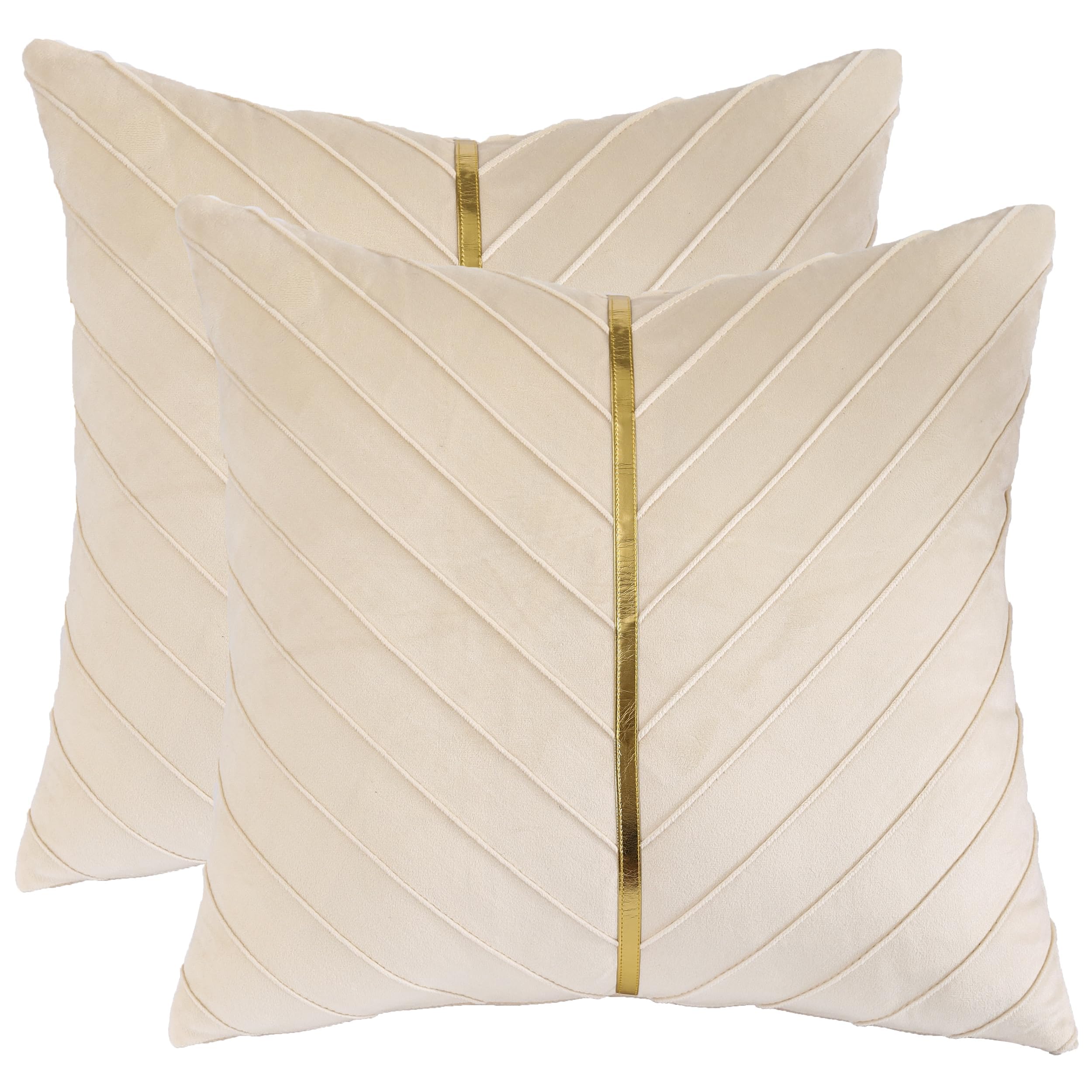 Tosleo Cream Velvet Throw Pillow Covers 26x26 Pack of 2 with Gold Leather,Decorative Couch Pillow Cover Luxury Modern Pillowcases for Living Room Bedroom Sofa Cushion Bed