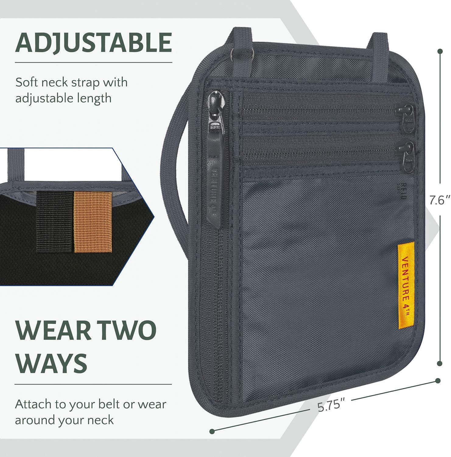 VENTURE 4TH Slim Passport Holder Neck Pouch with RFID Blocking Travel Neck Wallet and a Nylon Lining (Gray) - Image 4