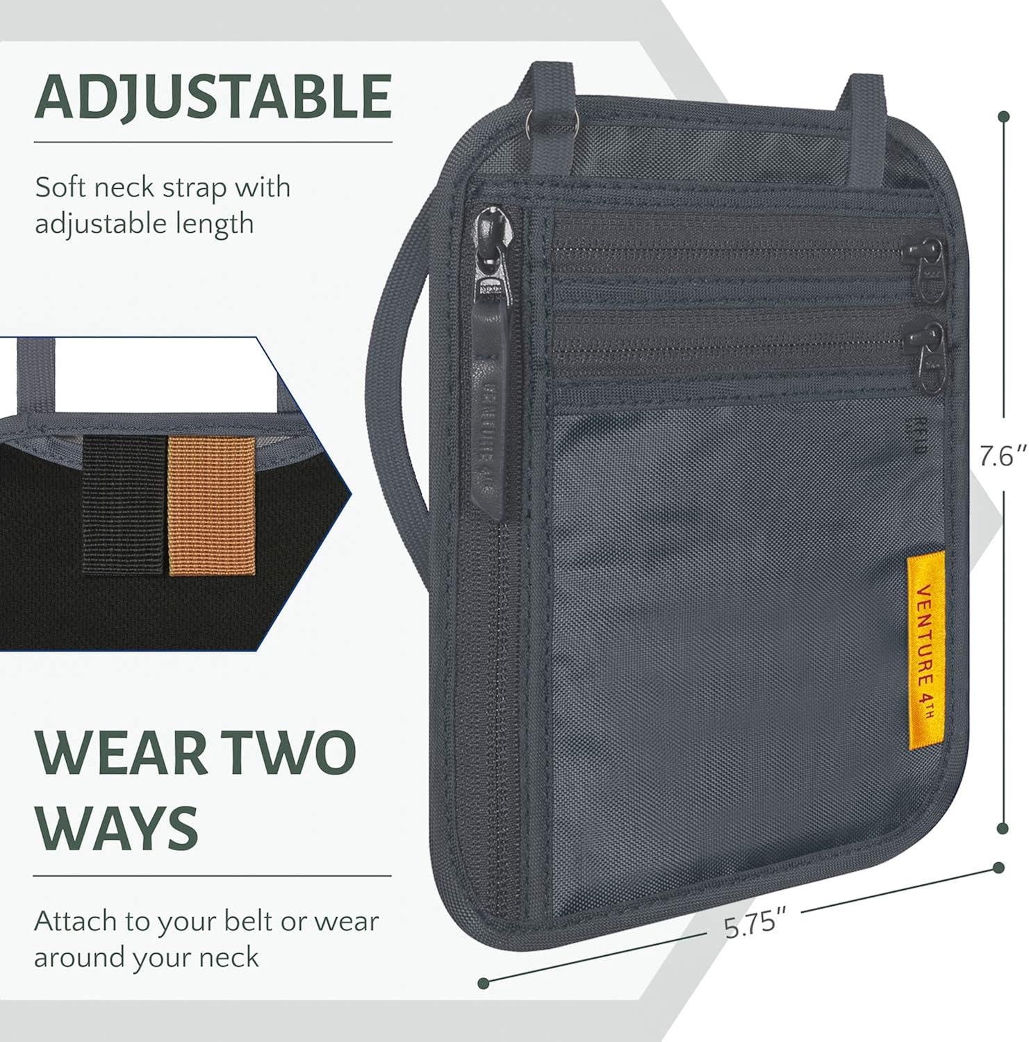Vista 4 de VENTURE 4TH Cartera de cuello de viaje con bloqueo RFID para hombres y mujeres, diseño minimalista delgado, bolsa de seguridad para el cuello