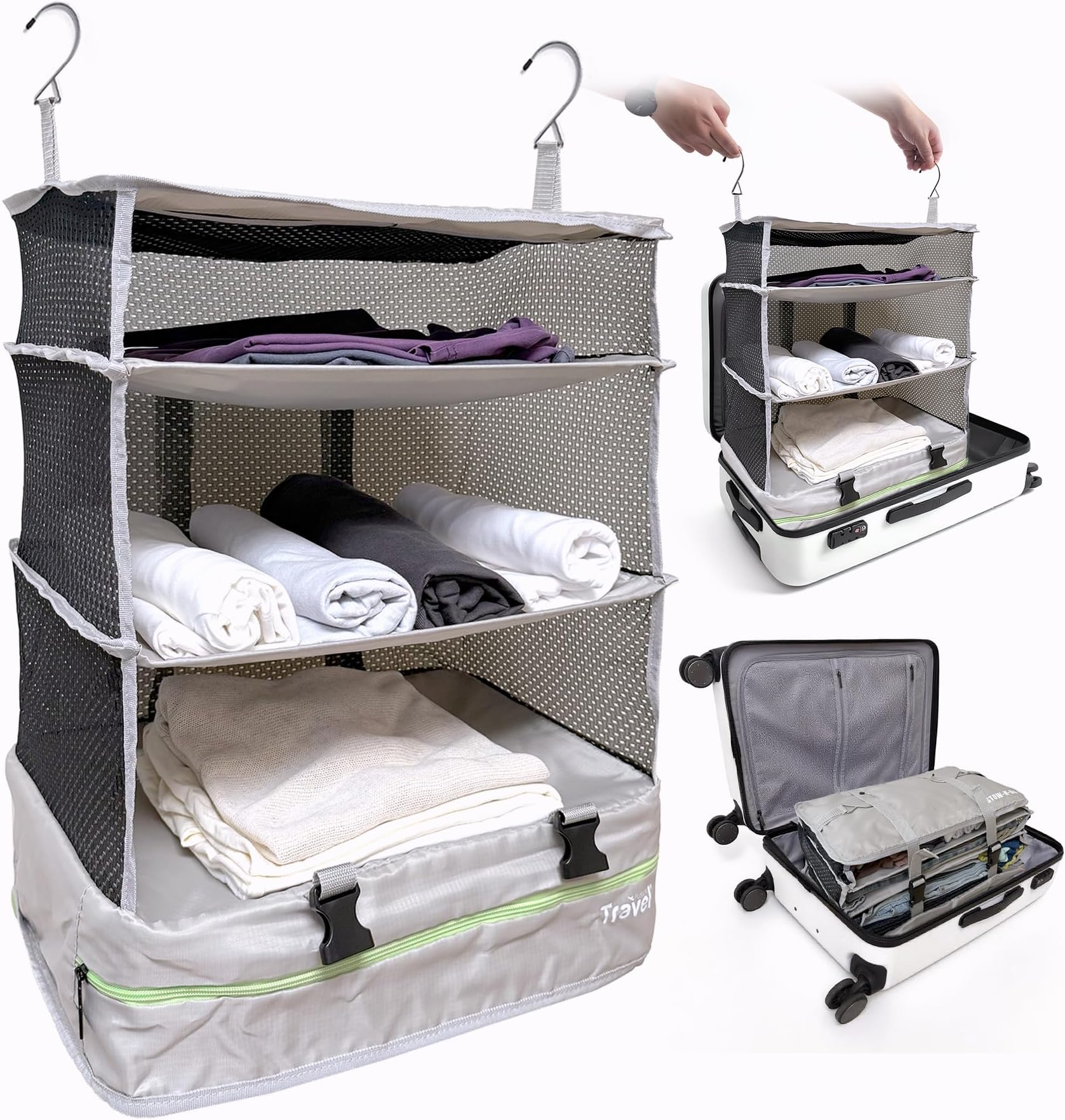 Grand Fusion Stow-N-Go Packing Organizer for Luggage, Portable Hanging Travel Shelves, Carry-On Closet, Hanging Packing Cubes, Collapsible Carry-On Organizer for Cruises & Hotels. Light Gray - XL