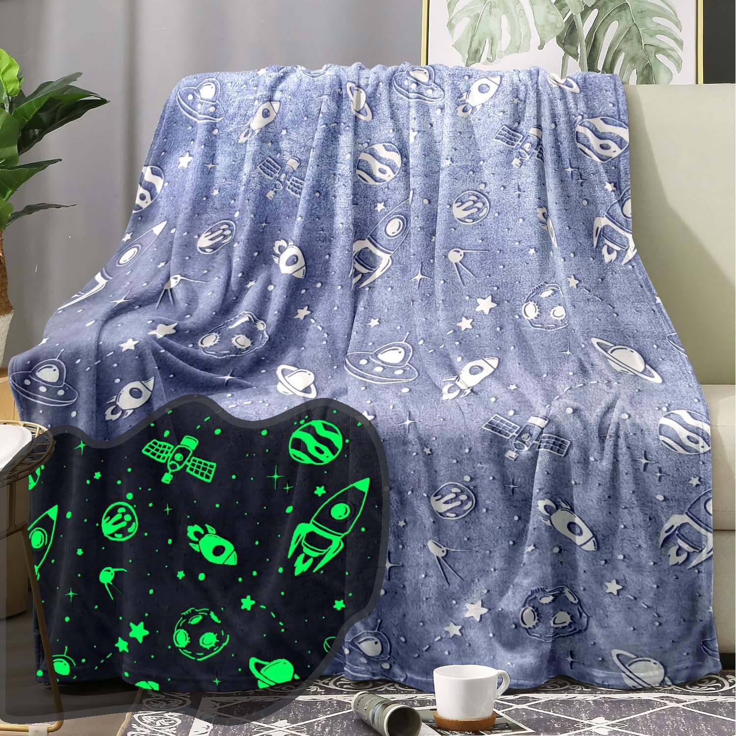 Glow in The Dark Space Blanket Rocket Spaceship Planet Themed Glowing Throw Flannel Fleece Gifts Blankets for Kids Boys Girls Teens Youth Adult (Glow in The Dark Space, 40"x60")