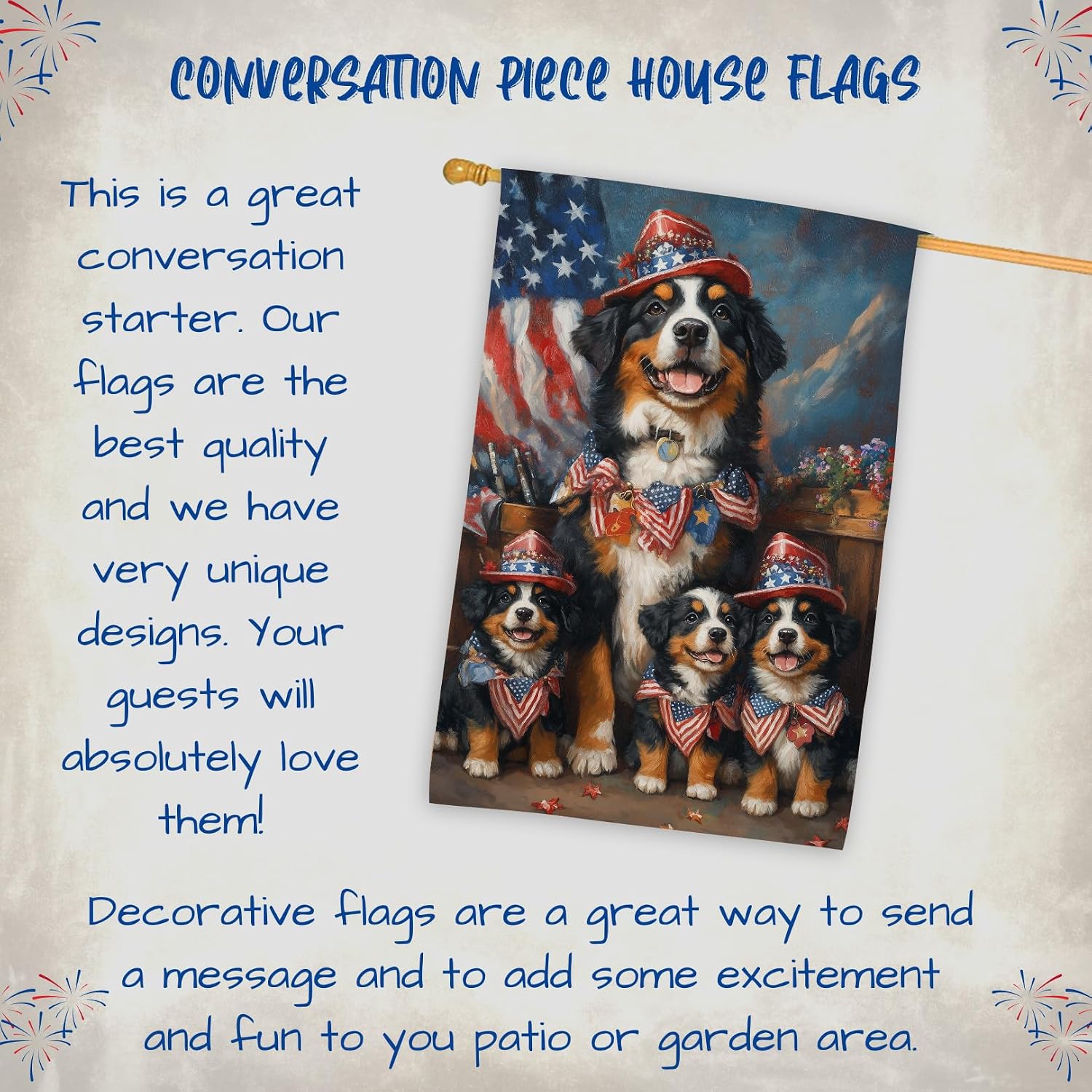 Bernese Mountain Dog 4th of July Outfit Independence Day House Flag – Personalized Double Sided Patriotic Yard Decor with Cute Dogs Outdoor Decoration for Lawn, Garden, Porch or Patio 28"W x 40"H