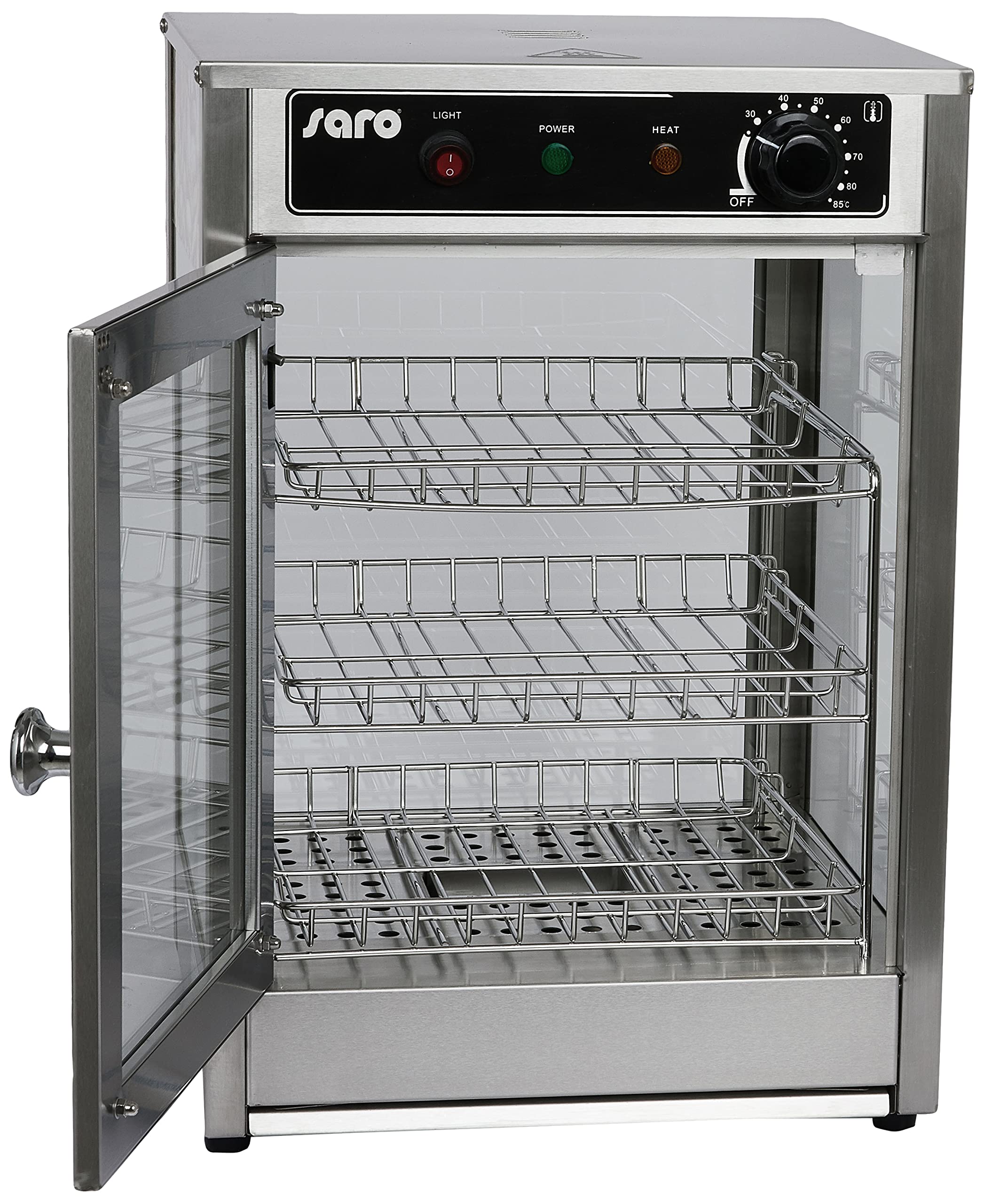 SARO FIONA - Vetrina da banco riscaldata, da 43 l, 350 x 350 x 520 mm (l x P x H), con 3 griglie cromate, illuminazione interna, temperatura regolabile manualmente 30-85 °C, corpo in acciaio inox