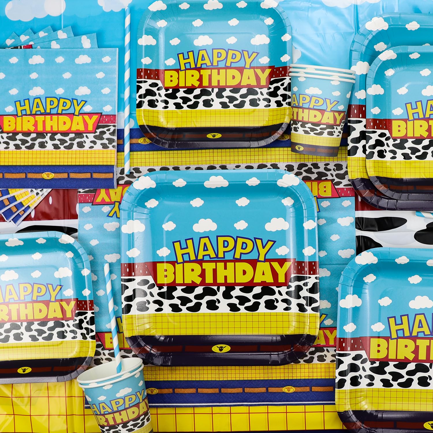 Geburtstagsparty-Dekoration Set – Mit Banner, Tischdecke, Luftballons & Geschirr, Blau-Himmel Design