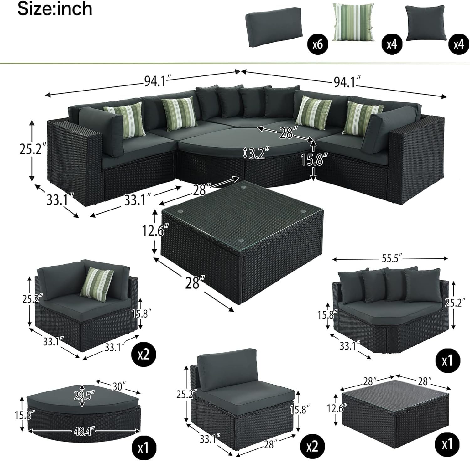 7 Pieces Outdoor Patio Furniture Set Wicker Rattan Sectional Sofa All-Weather PE Rattan Patio Conversation Set with Tempered Glass Top Table for Porch Garden Backyard Balcony and Poolside