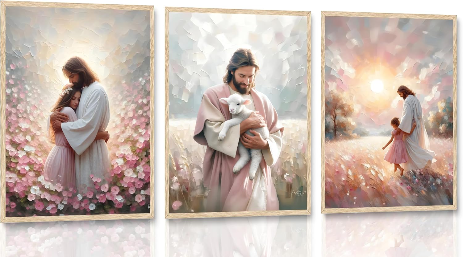 3Pcs Christian Jesus Canvas Wall Art Pastel Pink White Gold Embracing Child Holding Lamb Walking Faith Scenes Paintings Prints Wall Decor Posters Pictures for Bedroom Living Room Prayer Room Decoration Unframed
