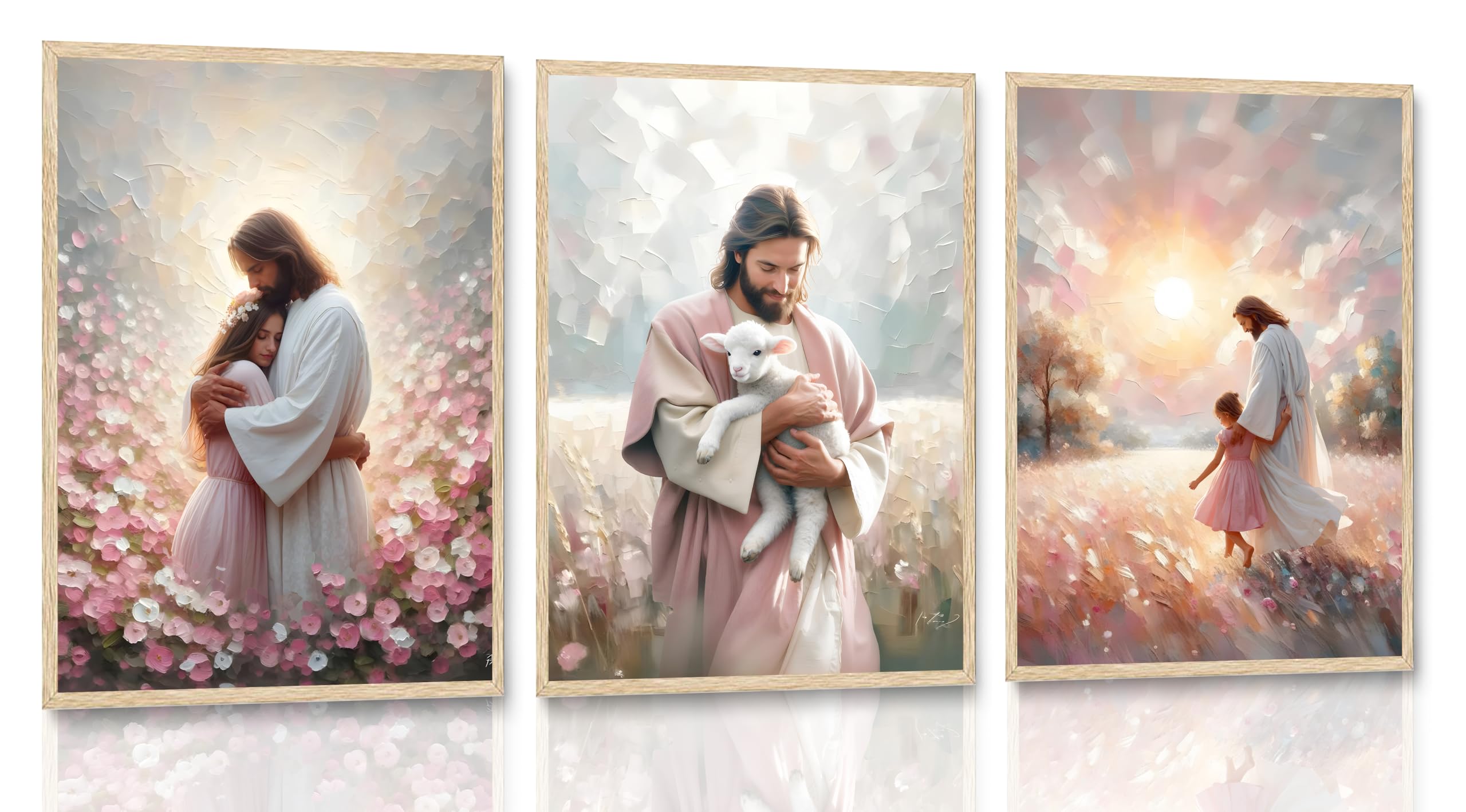 3Pcs Christian Jesus Canvas Wall Art Pastel Pink White Gold Embracing Child Holding Lamb Walking Faith Scenes Paintings Prints Wall Decor Posters