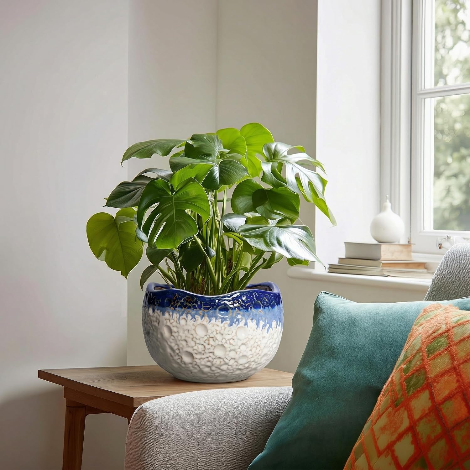 Ceramic Planter 8 Inch - Ceramic Plant Pots Indoor with Drainage Hole and Plug, Decorative Planters for Indoor Outdoor Plants, Modern Flower Pots, Patio Decor, Plant Lover Gifts, Beige-Blue