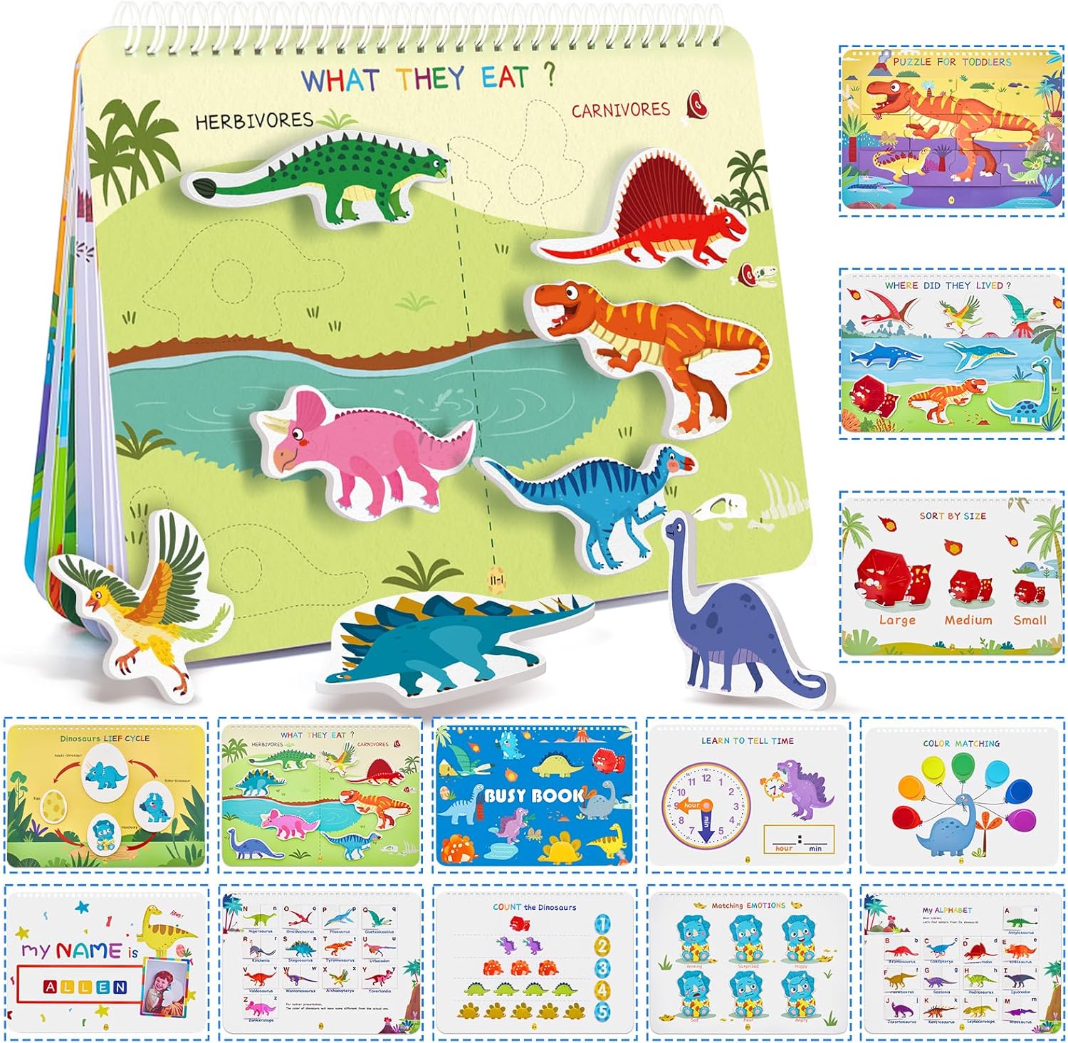 Freebear Busy Book for Toddlers Preschool Learning Activities Resources Autism Sensory Montessori Toys for 2-3 Year Old,Travel Toys, Gifts for Girls and Boys 4 5 6 Years (Dinosaur World)