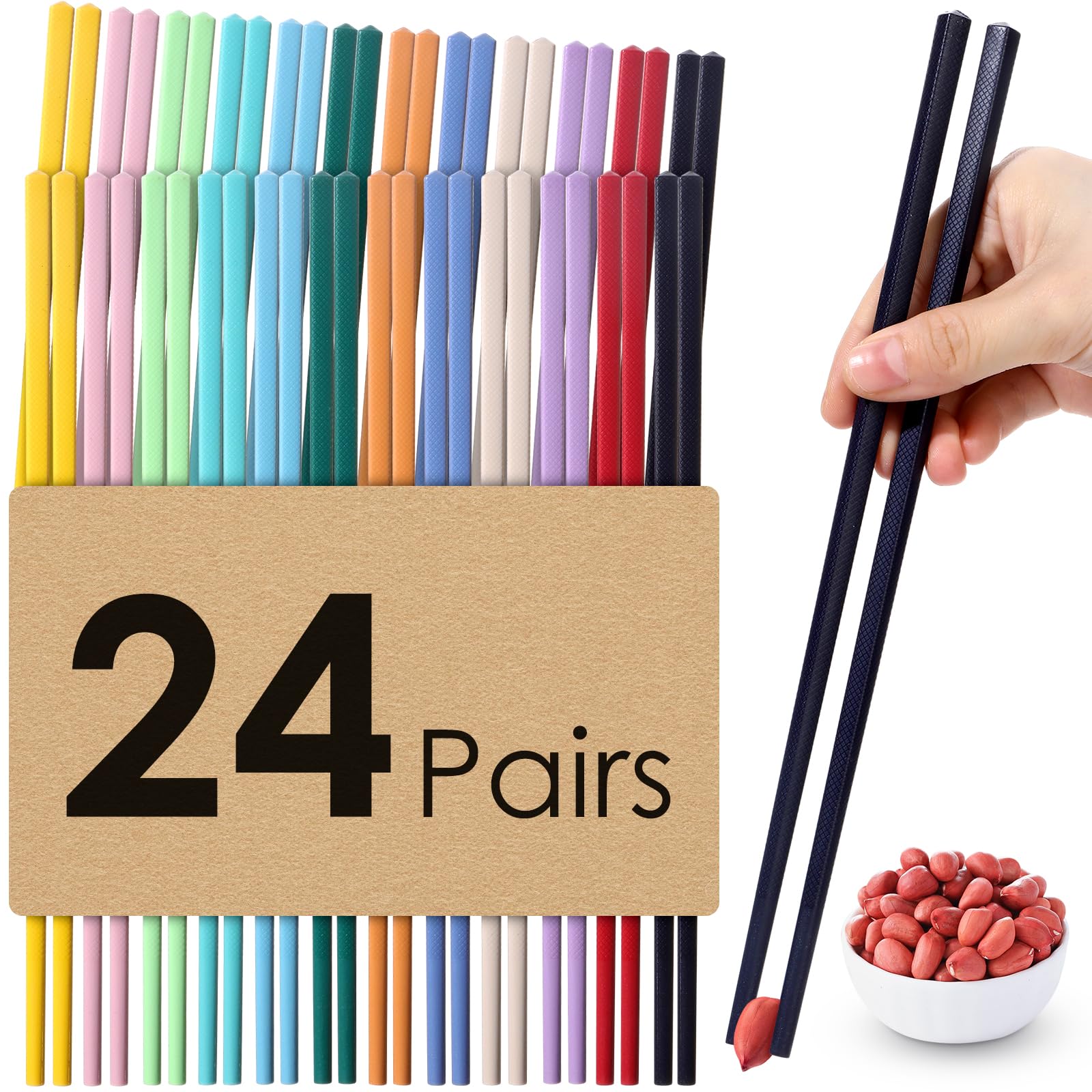 Boao 24 Pairs Colorful Chopsticks 9 Inch Reusable Fiberglass Chop Sticks Bulk Dishwasher Safe Lightweight Chopsticks Set Party Favor (Muticolor)