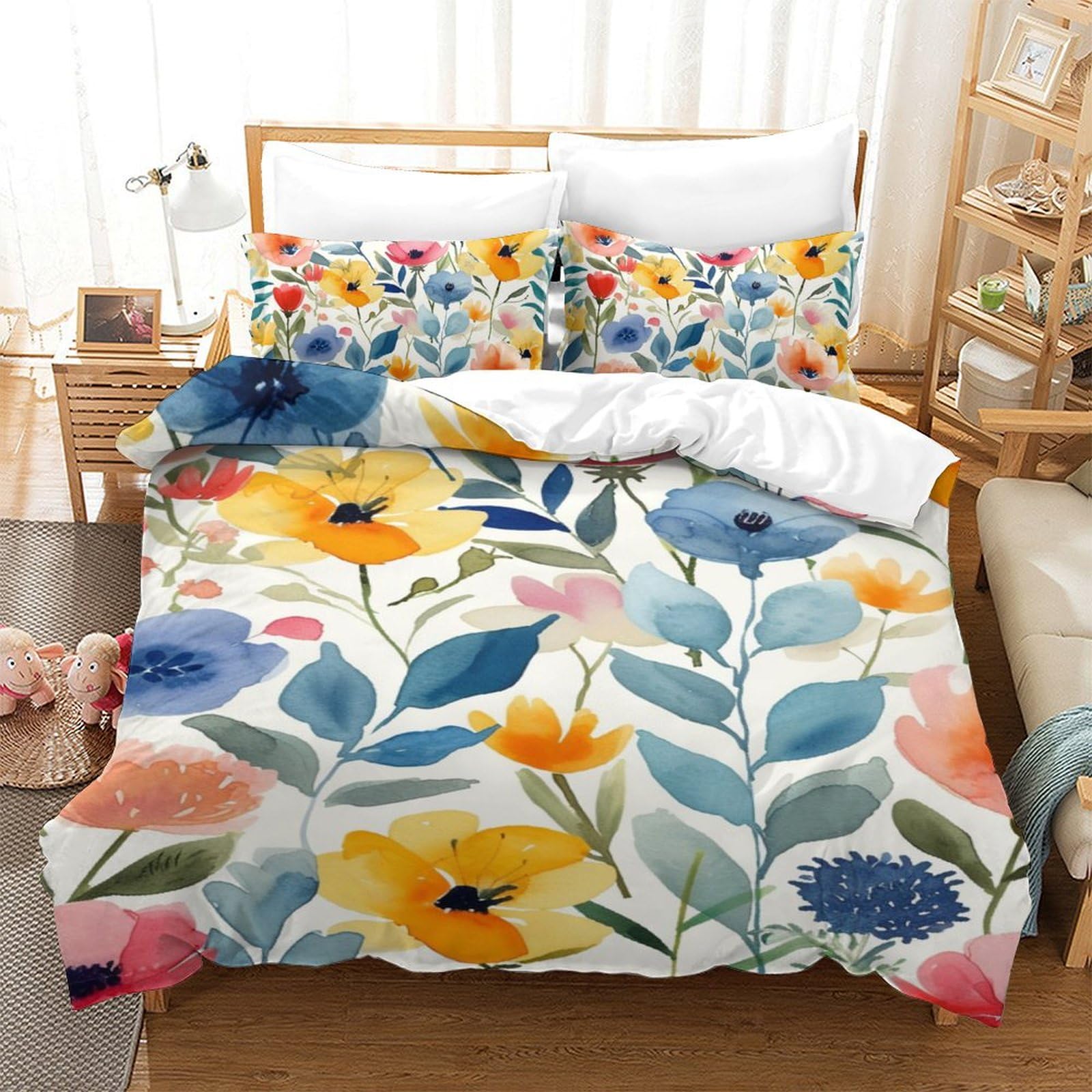 Housse de couette fleurs aquarelle 3D en microfibre 140x200 cm avec taie d'oreiller