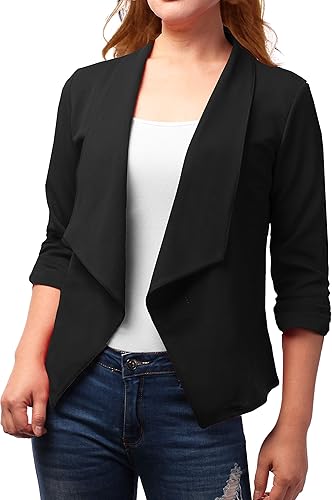 Miniatura 7 de Chaqueta Blazer Abierta de Tela Elástica con Mangas 34 Fruncidas para Mujer (Hecha en EE.UU.)