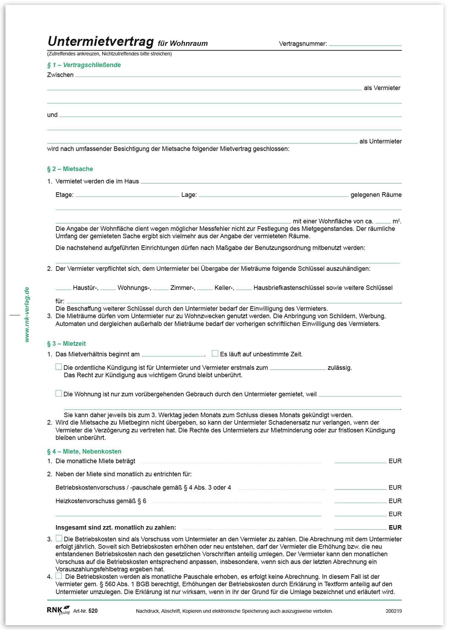 RNKVERLAG 520 - Untermietvertrag für Wohnräume, 4 Seiten, gefalzt auf DIN A4, mit Wohnungsgeberbescheinigung, 50 Stück