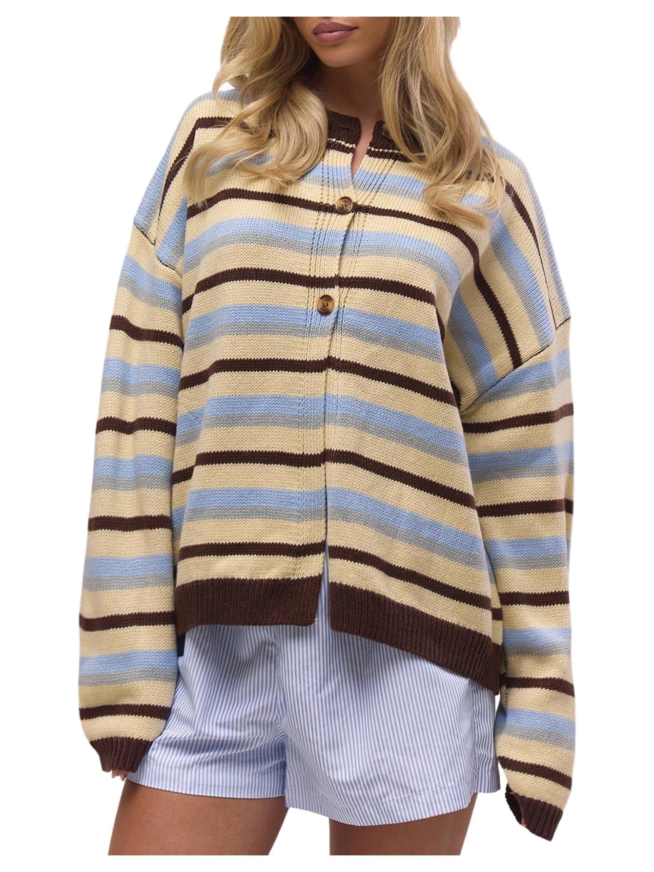 SOLY HUX Womens Striped Cardigan Sweater Color Block Button Down Long Sleeve Drop Shoulder Oversized Cardigans