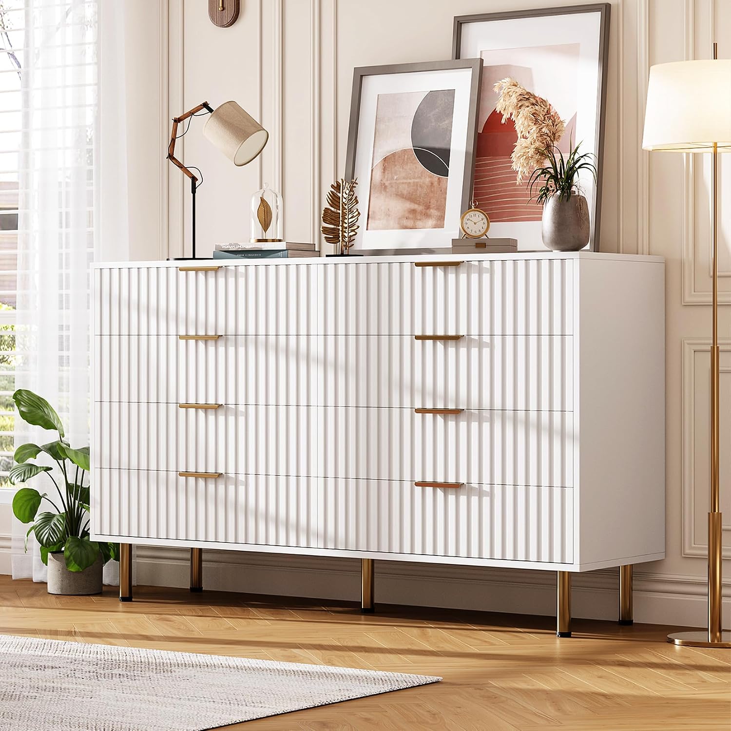 Fluted Modern 8-Drawer Extra Wide Dresser, 55 Inch Large Double Dresser TV Stand with Deep Drawers, Massive Storage Chest for Bedroom, Living Room, Hallway, Kids Room, White