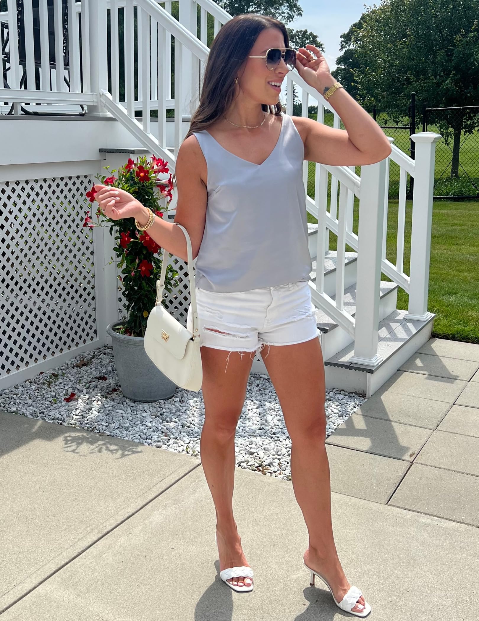 Zeagoo Canotta da Donna in Raso Senza Maniche Capo Basic Estivo Casual con Scollo a V Raso Camicette Canotta Maglietta Tops