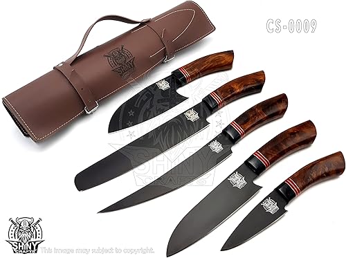 Miniatura 5 de SHINY CRAFTS Juego de cuchillos de cocina hechos a mano con mango de madera y hoja de acero D 2, juego de cuchillos de chef con rollo de bolsa de