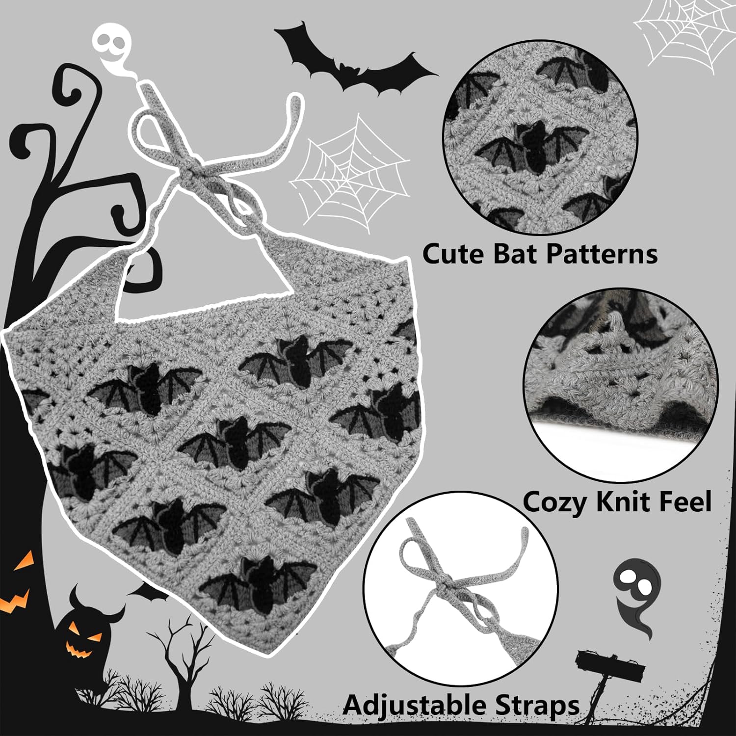 BATHRINS 2Pcs Gothic Crochet Headbands Bat & Floral Pattern Bandana for Women, Cotton Knit Triangle Headband Vintage Head Scarf Festival Hair Decor - Image 4