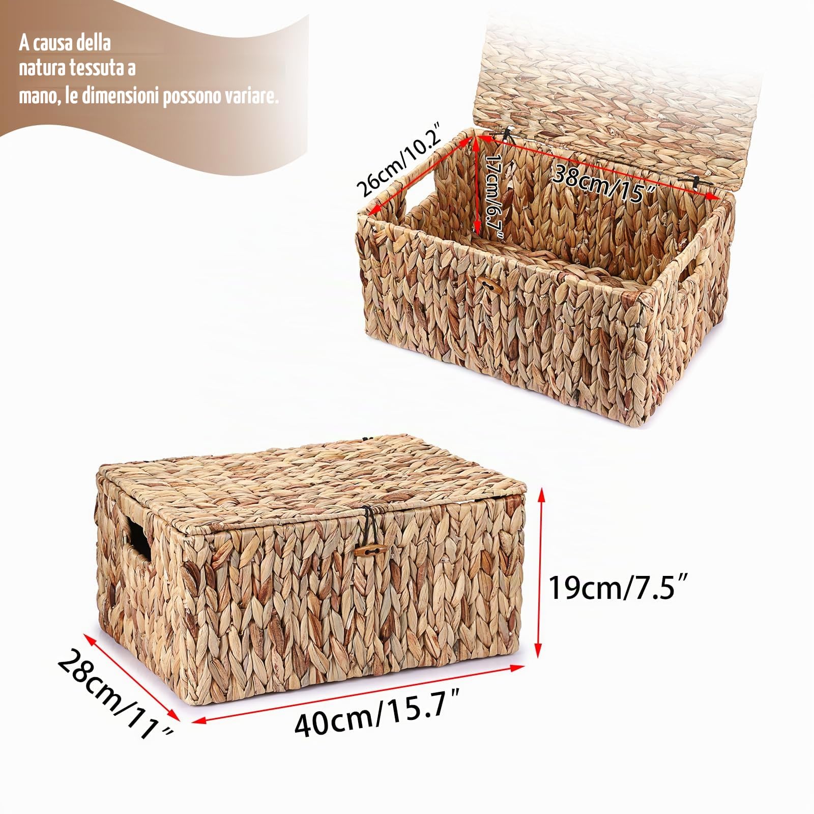 Cesto portaoggetti naturale in giacinto d'acqua intrecciato, impermeabile, con coperchio, per soggiorno, cucina, guardaroba, per vestiti, libri, frutta, verdura, cosmetici, 40 x 28 x 19 cm
