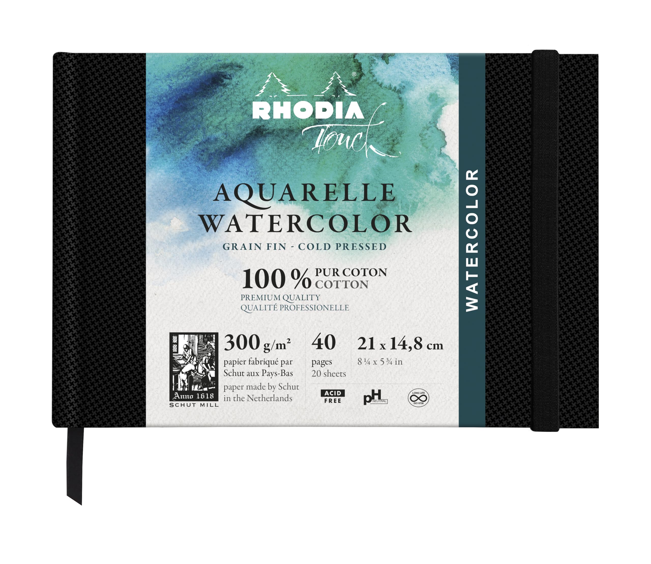 RHODIA TOUCH 116138C aquarelnotitieboek, 100% katoen, fijne korrel, 300 g/m², A4, liggend formaat, 40 pagina's niet microgeperforeerd, hardcover Watercolor Book