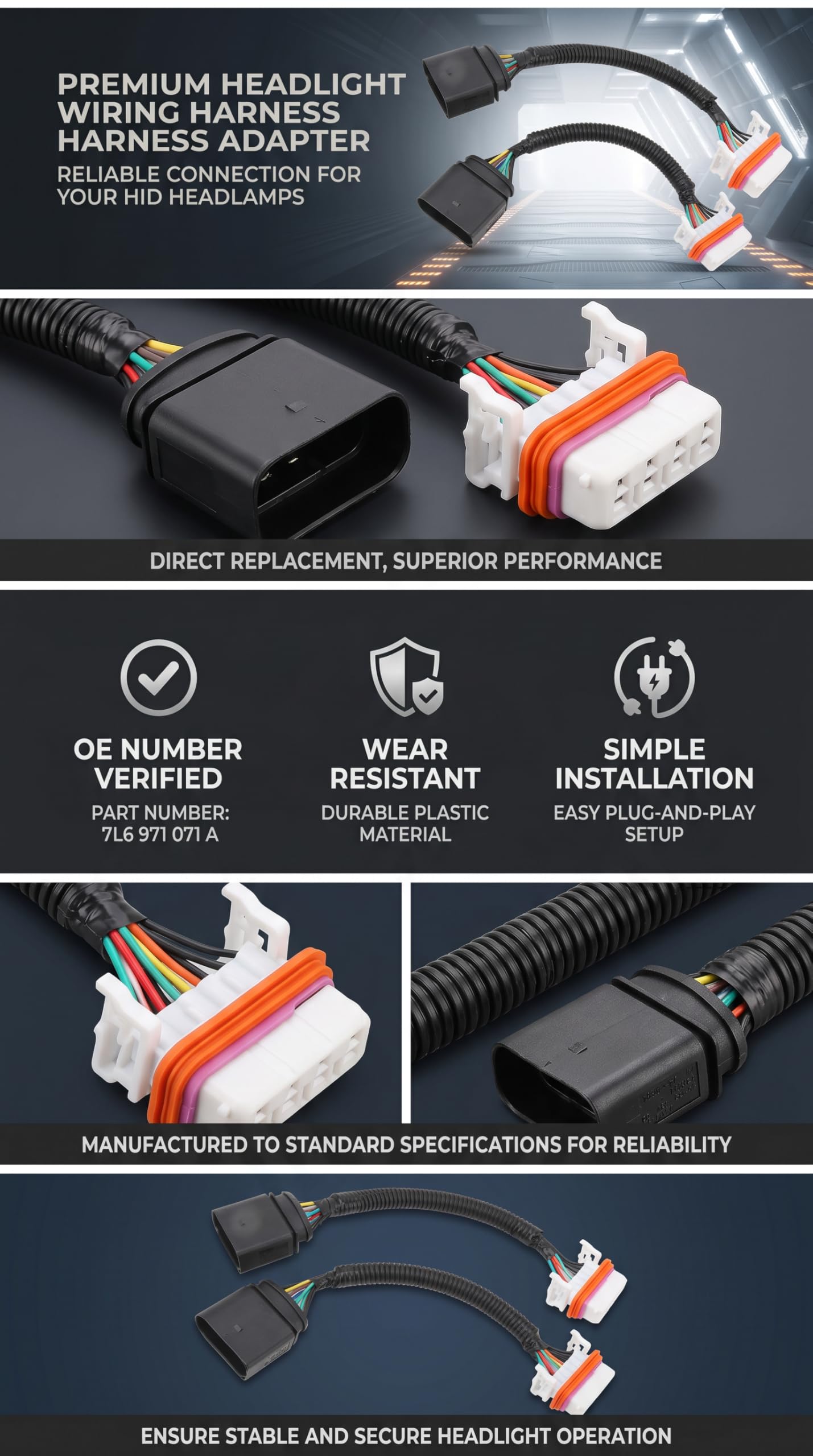 Adaptador de Arnés de Cableado de Faros, 2 Piezas de Arnés de Cableado de Faros HID para Automóvil 7L6 971 071 A Piezas de Repuesto de Conector de Cable de Faro Resistente Al