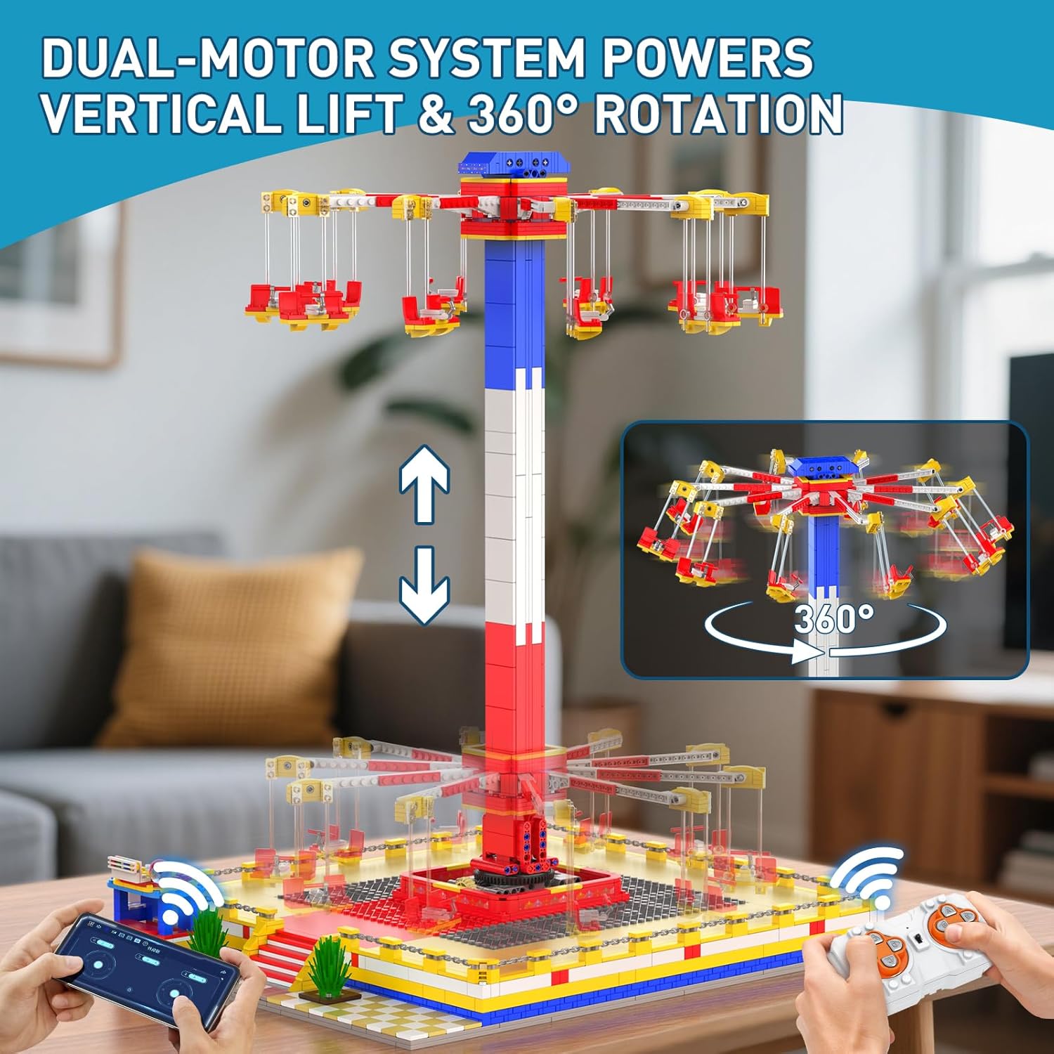 Mould King 11016 Amusement Park Building Sets, 1581+ Pieces Motorized Rotating Swing Ride with Remote & APP Control, Realistic Theme Park Model with Lift, Spin & Swing, STEM Toy Gift for Teen & Adults