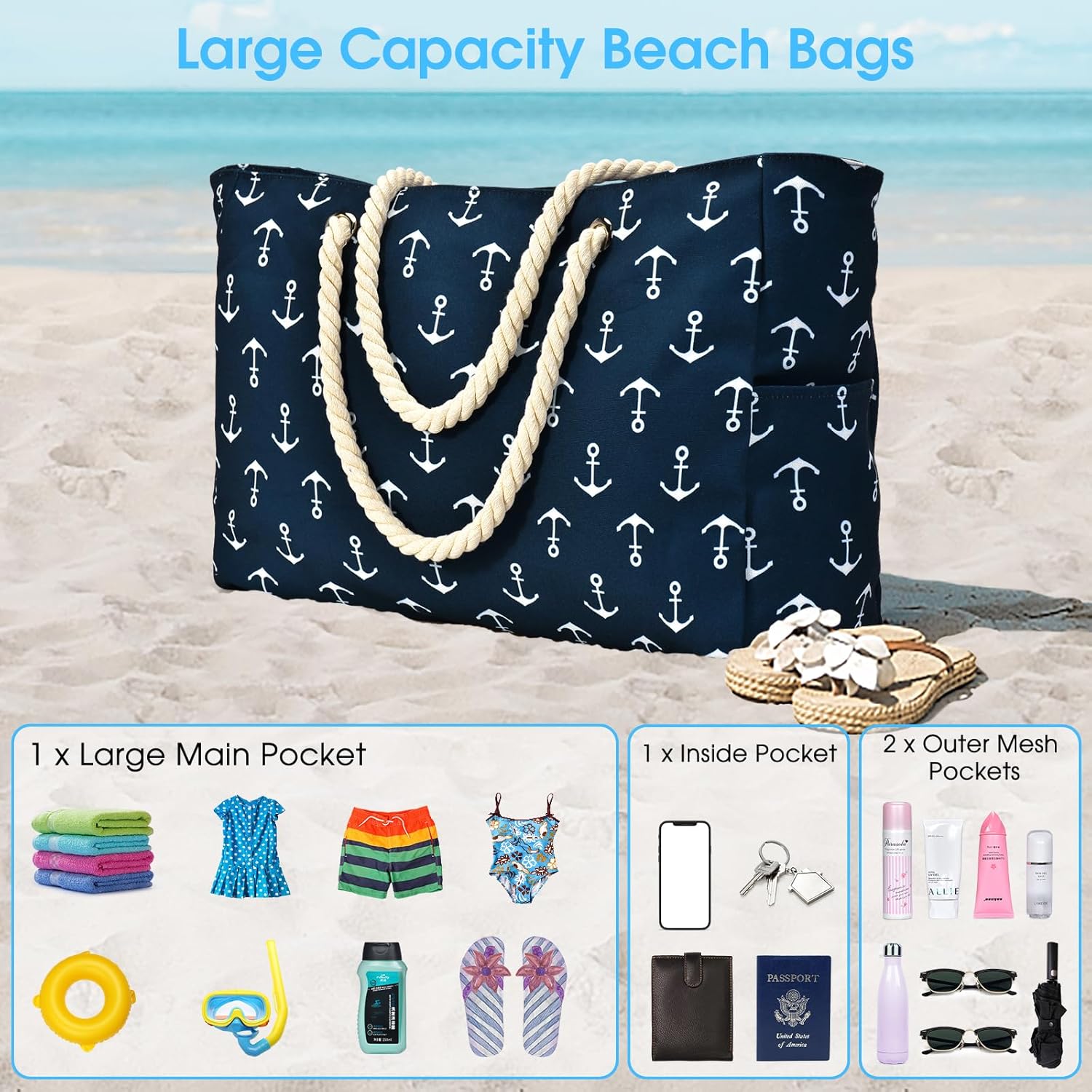 Becokan Beach Bag Large Beach Tote Bag for Women Waterproof Sandproof Swim Pool Bag With Zipper - Image 7