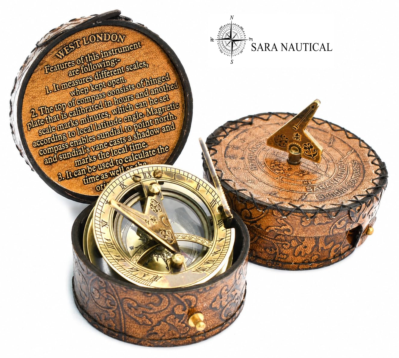 SARA NAUTICAL Bussola con meridiana in ottone antico, orologio con meridiana in scatola regalo, replica orologio da sole, decorazione navale (meridiana di nuova generazione 2026)