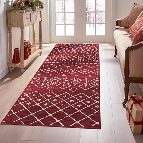 COLLACT Alfombra de pasillo de Navidad de 2 x 7 pies, color rojo borgoña, alfombra marroquí para cocina, lavable, antideslizante, moderna, de