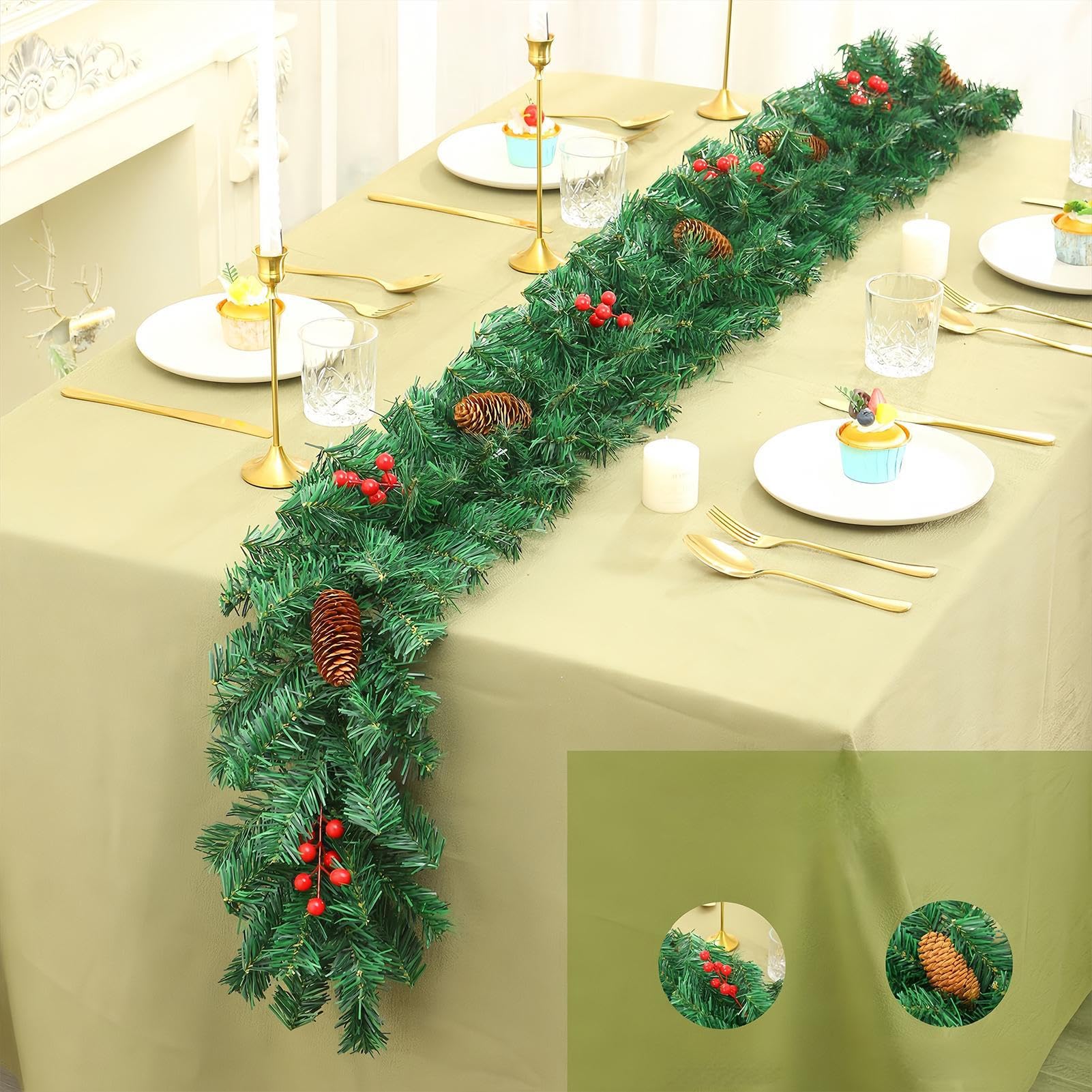 Weihnachtsgirlande 2.7 Meter Tischgirlande | Kunstlicher Realistischer Mit Roten Beeren Und Tannenzapfen Deko Für Kaminholz Tisch Wand Hochzeit Festlich