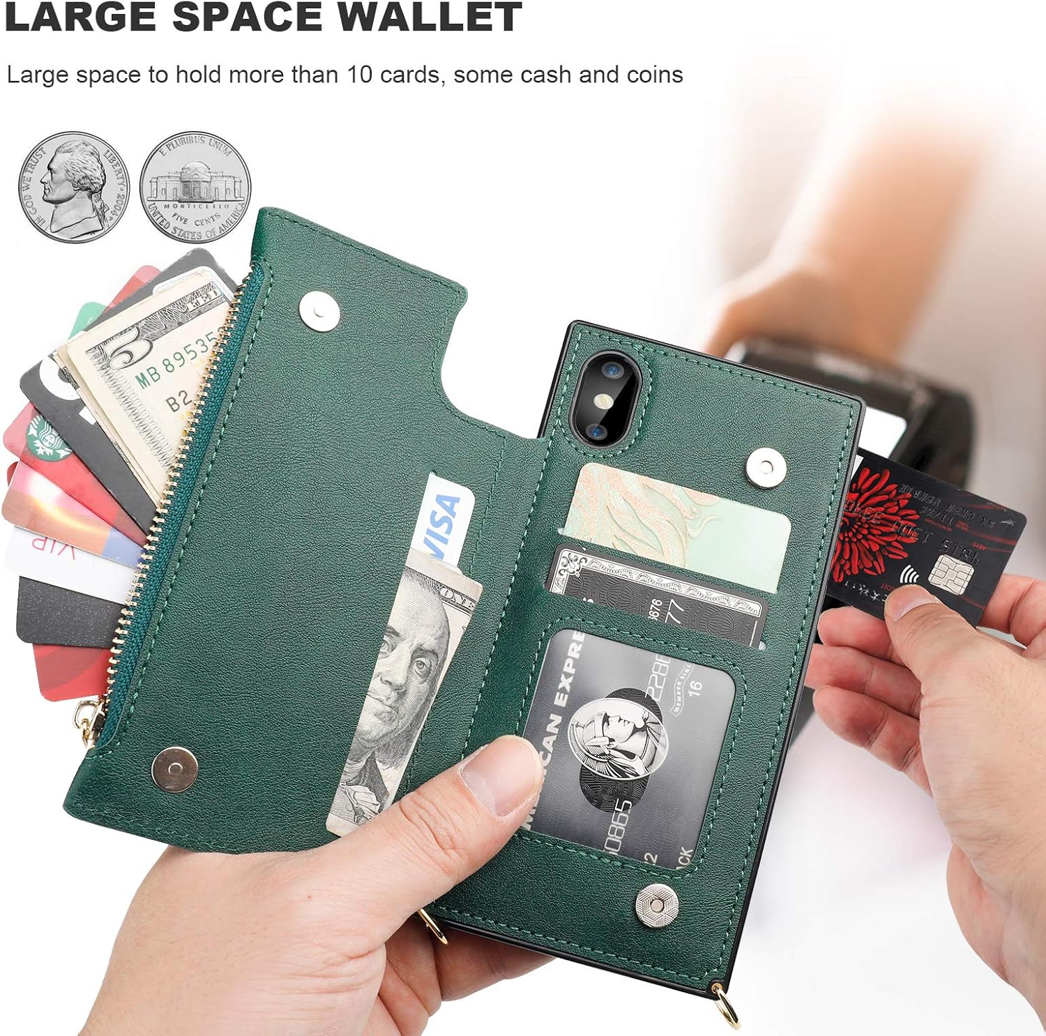 Bocasal Crossbody Wallet Case for iPhone X Xs with Card Holder,Zipper Card Slot Protector Shockproof Purse Cover with Removable Cross Body Strap 5.8 Inch(Green)