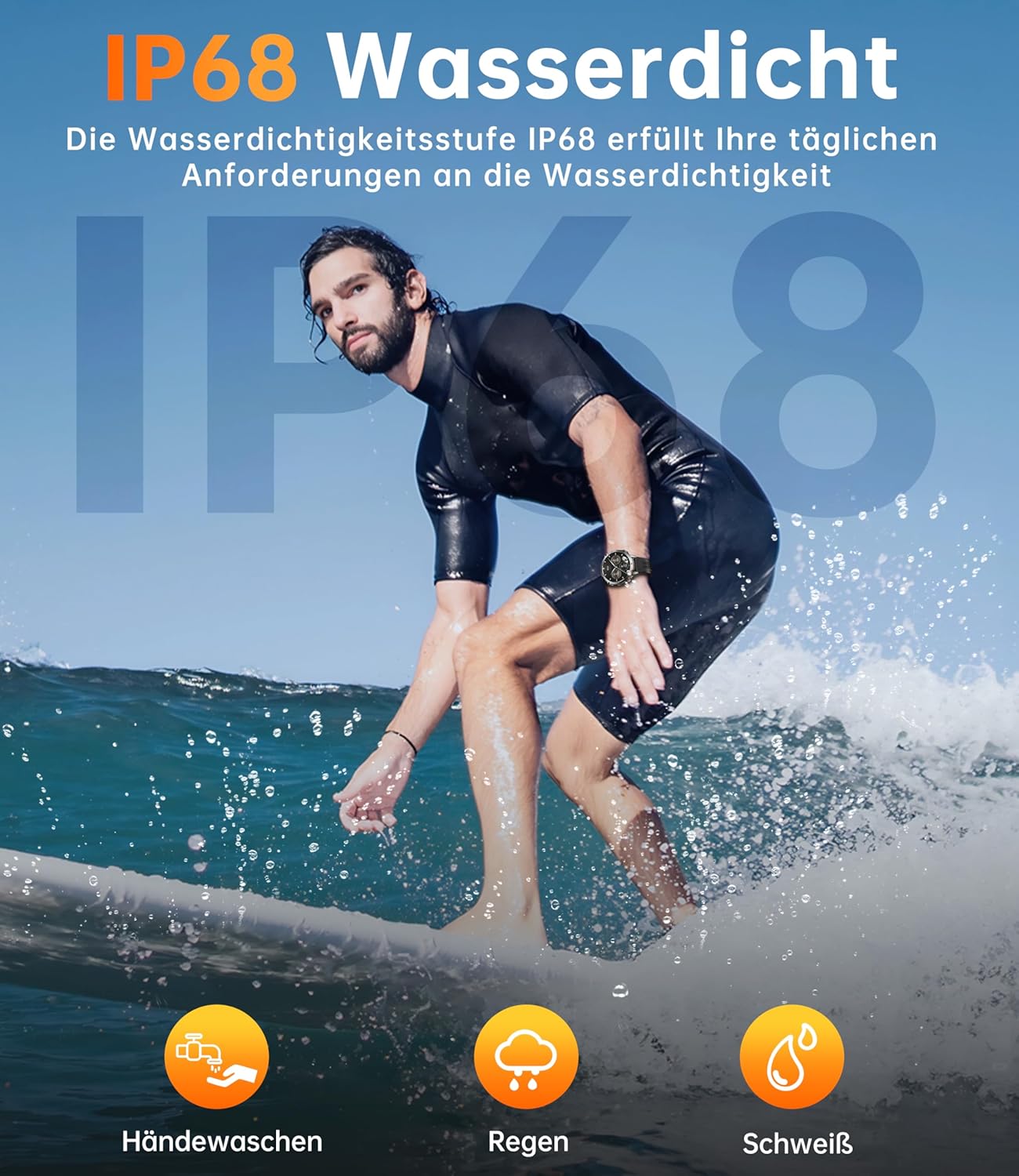 Man surfing, illustrating the IP68 waterproof rating of the smartwatch