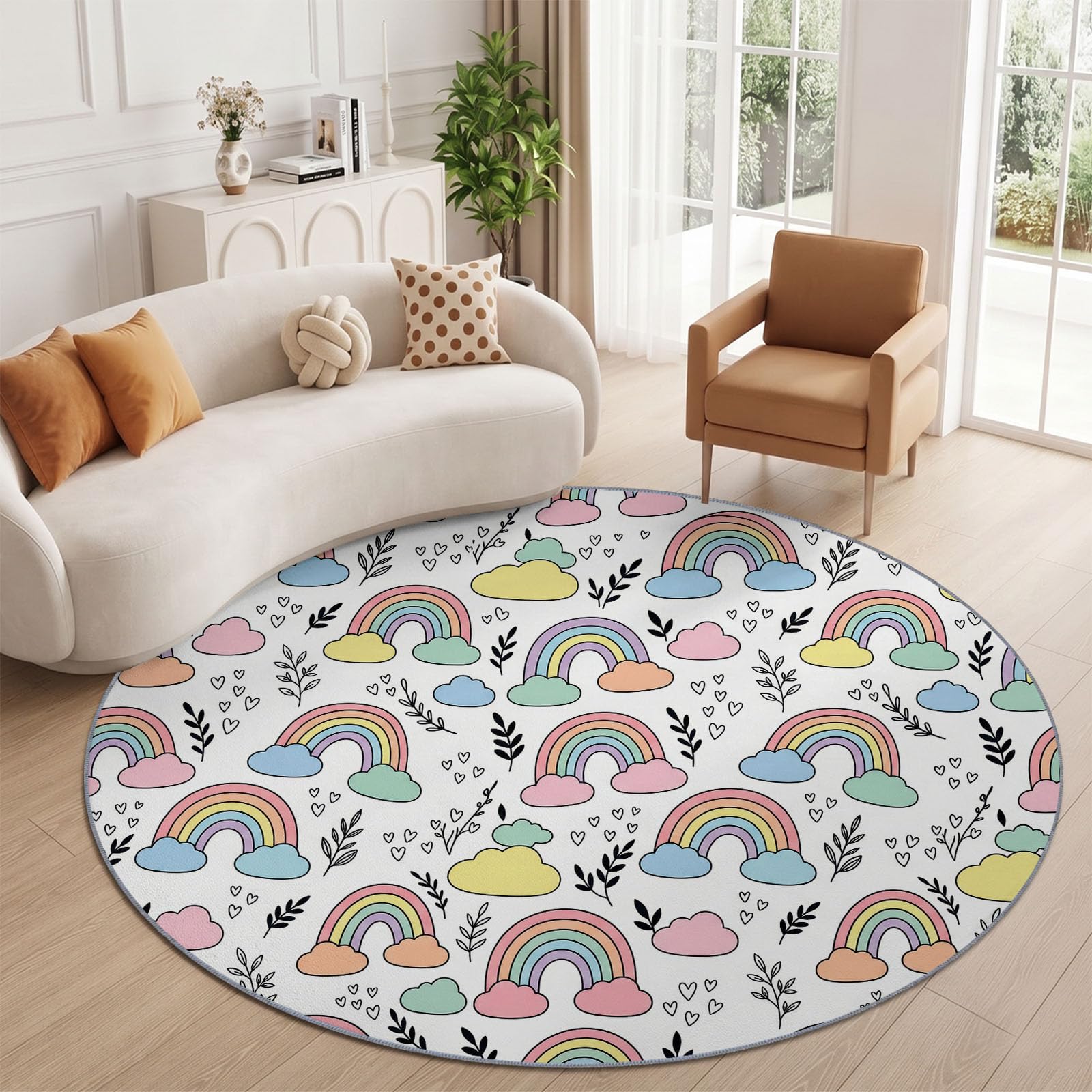 Tappeto rotondo lavabile da 200 cm, morbido, con motivo arcobaleno con nuvole e cuori, con retro antiscivolo, lavabile in lavatrice, per cameretta dei bambini, colorato