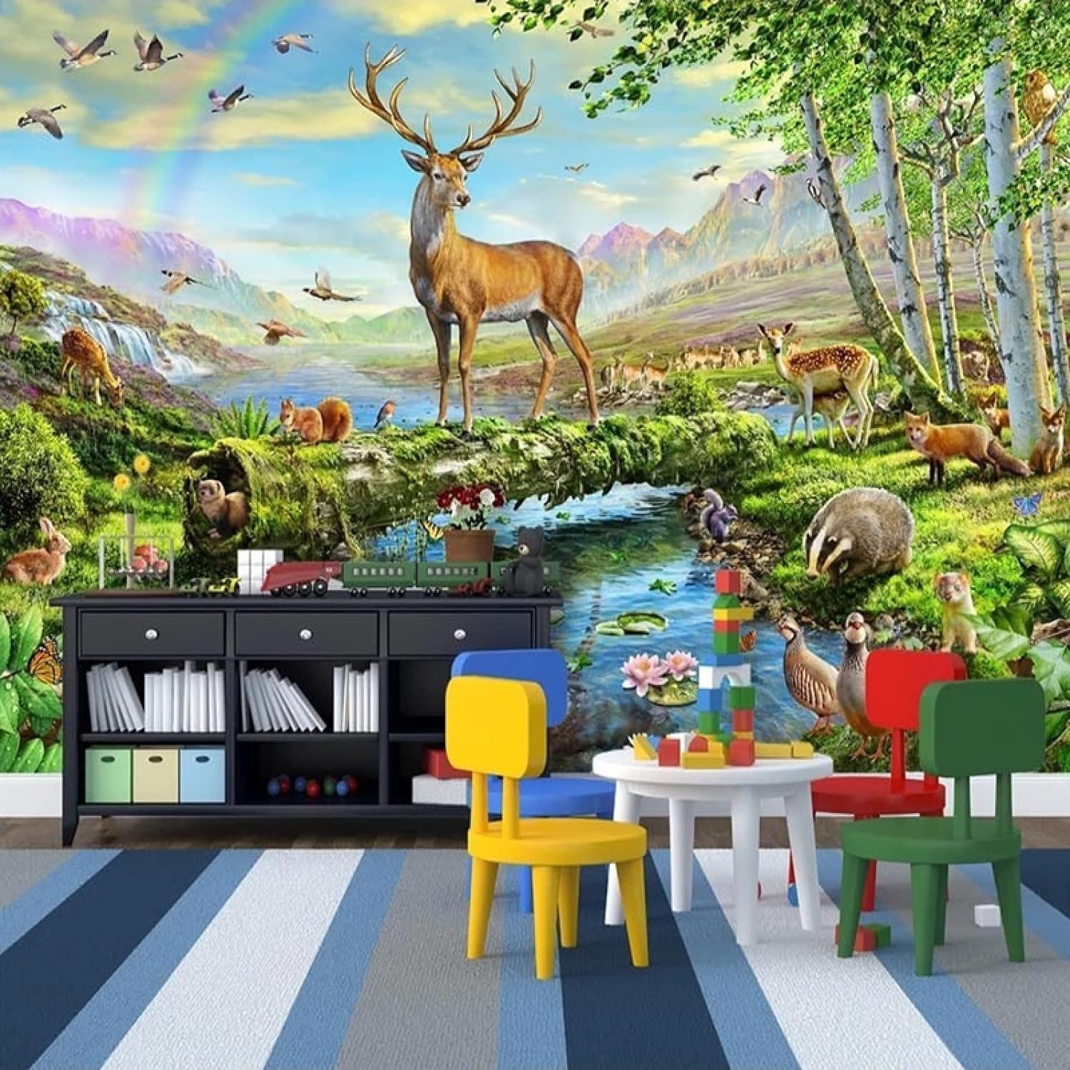 Papier peint autocollant paysage forêt animaux 3D pour décoration murale
