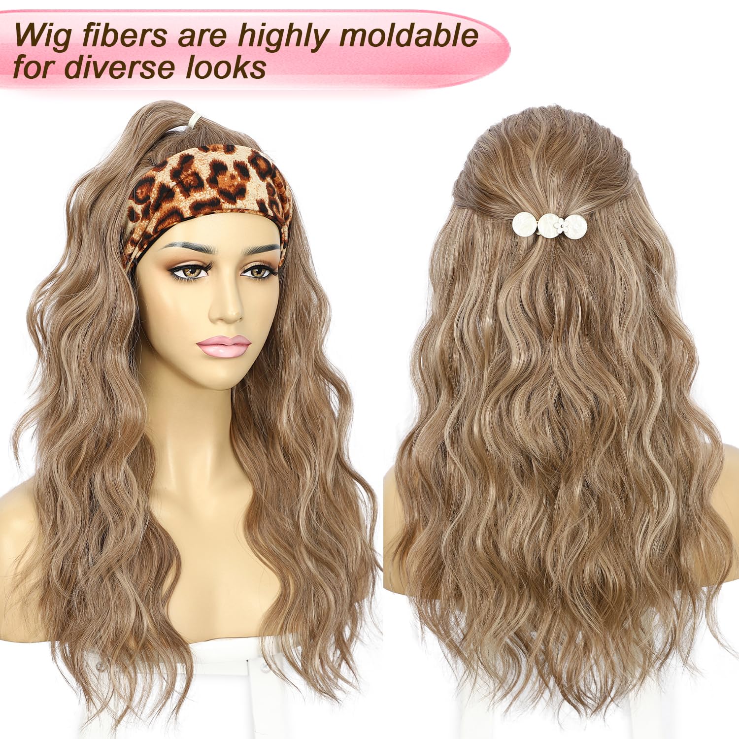 Sapphirewigs Headband Wig Brown Wavy Synthetic Headband Wigs for Women Body Wave Glueless Short Hair Daily Wear Date Party Halloween Christmas 20 inch - Image 4