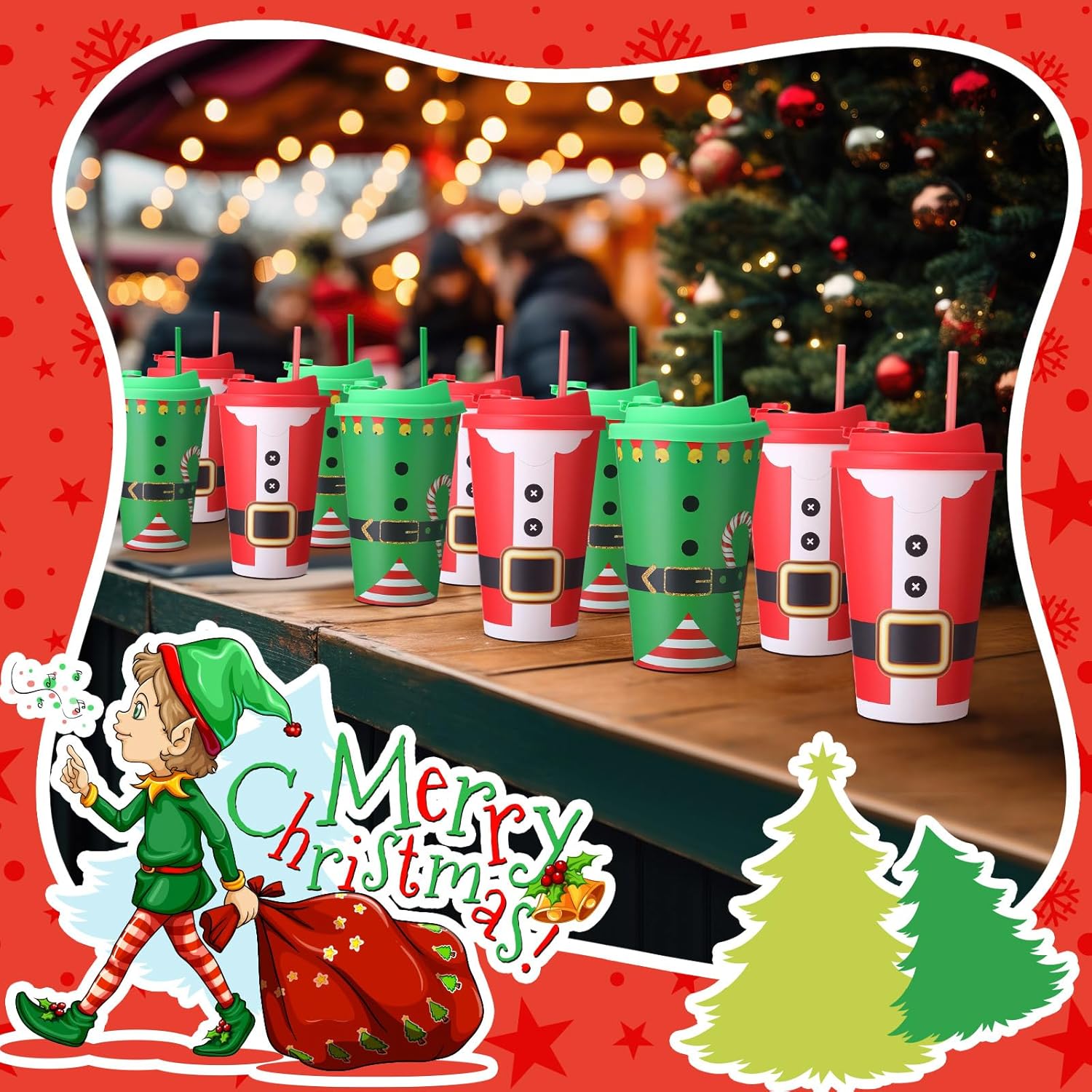50 Pcs 16 oz Christmas Cups with Lids and Straws, Christmas Party Favors Supplies, Santa Elf Belt Pattern Plastic Christmass Party Cups for Xmas Winter Holiday White Elephant Party Decorations