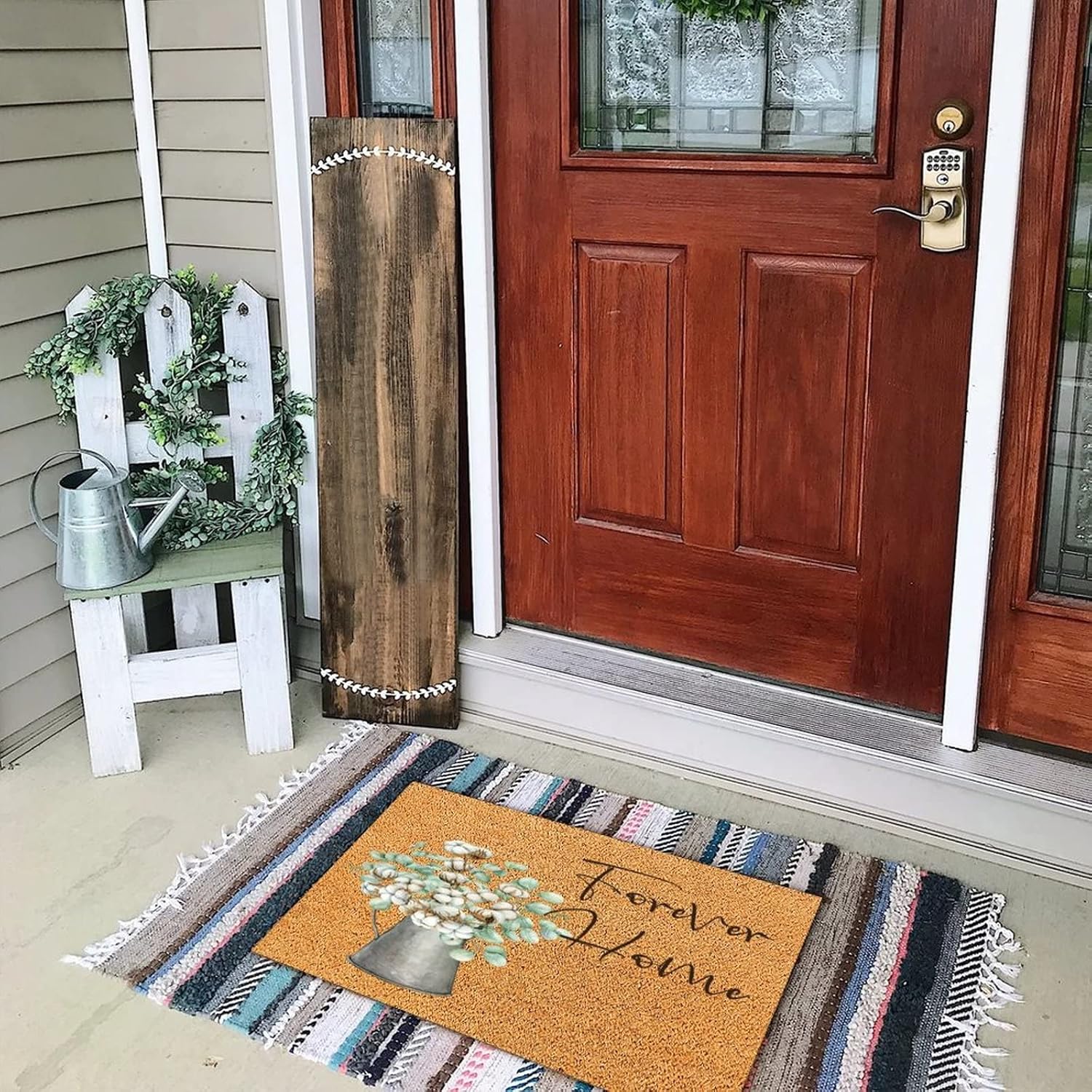 Coir Fiber Front Door Mat 24x35 Forever Home Watercolor Mason Jar Floral Rectangular Rug Mats Non-Slip Beautiful Cotton Flower in Vase Home Décor for Home Bathroom Apartment First Home Couple's Gift