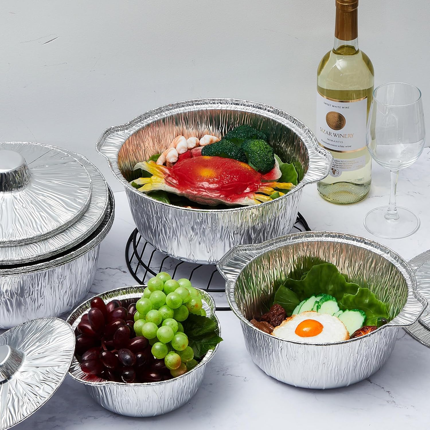 24 Pcs Disposable Aluminum Pot with Lid Round Foil Pans Disposable Cookware Food Container for Vacation Trips Camping Baking Heating Cooking (33.8,67.6,121.7 oz)