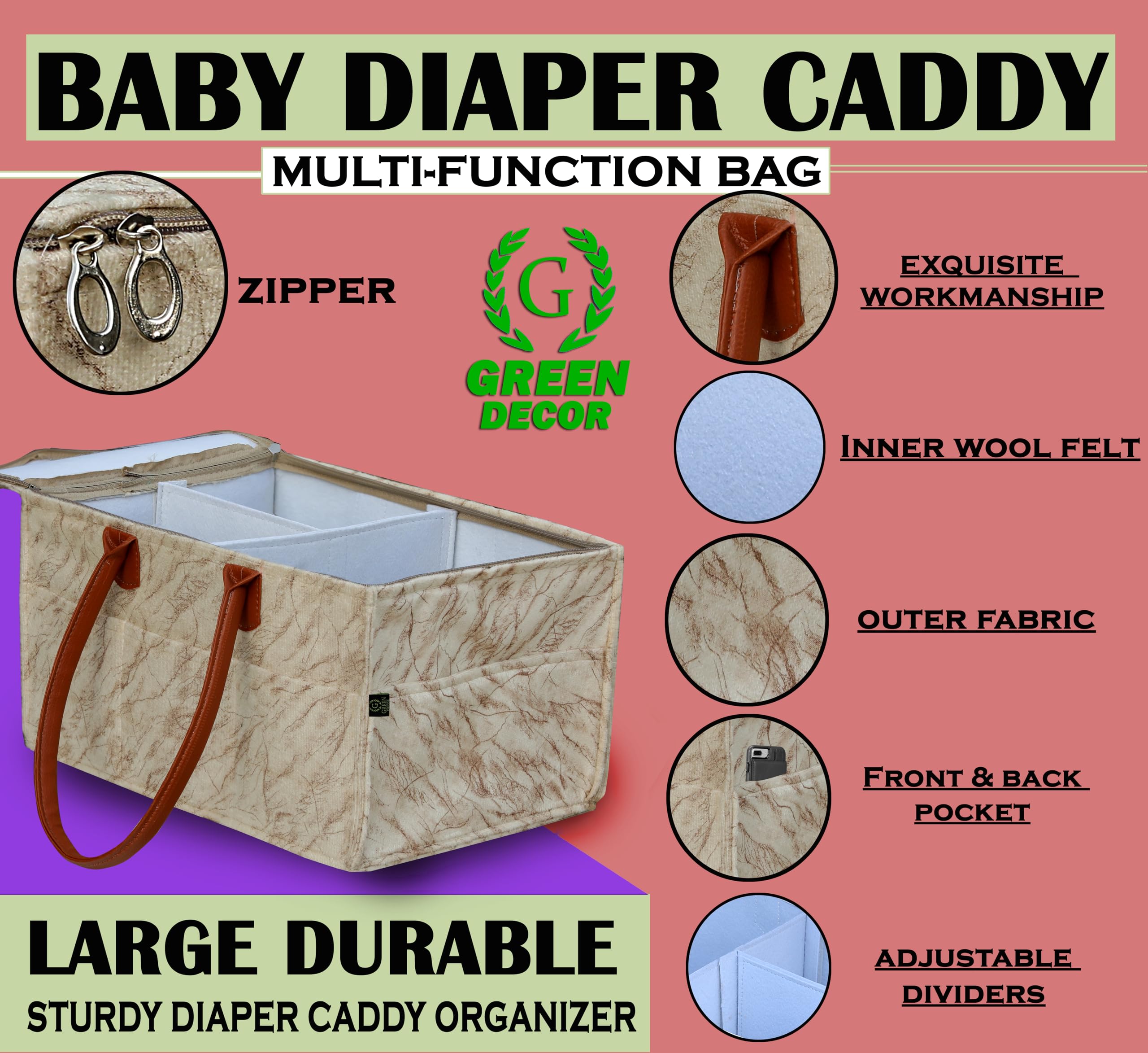 GREEN DECOR - Non Woven Fabric Cute Diaper Caddy Bag with Handles & Zip Lock for Smart Mothers Baby Diaper Caddy Wipes Felt Storage Organizers,Foldable and Portable(Marble Cream- 18X12X9 Inch) 1