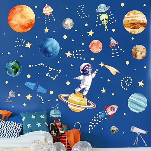 Miniatura 11 de Calcomanías de pared que brillan en la oscuridad, estrellas y planetas para techo, calcomanías de pared del sistema solar que brillan