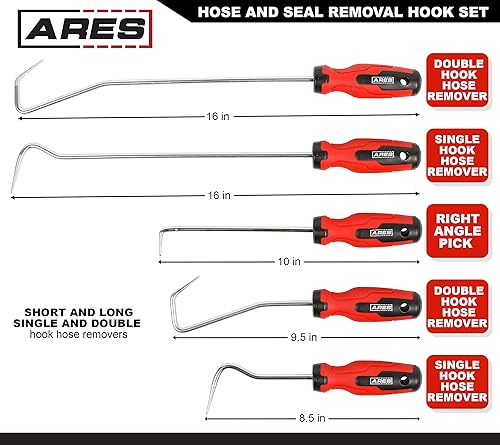 Miniatura 3 de ARES 10038 - Juego de 5 piezas de extracción de manguera y sellado, incluye púa de sello de 90 grados y removedores de manguera de desplazamiento