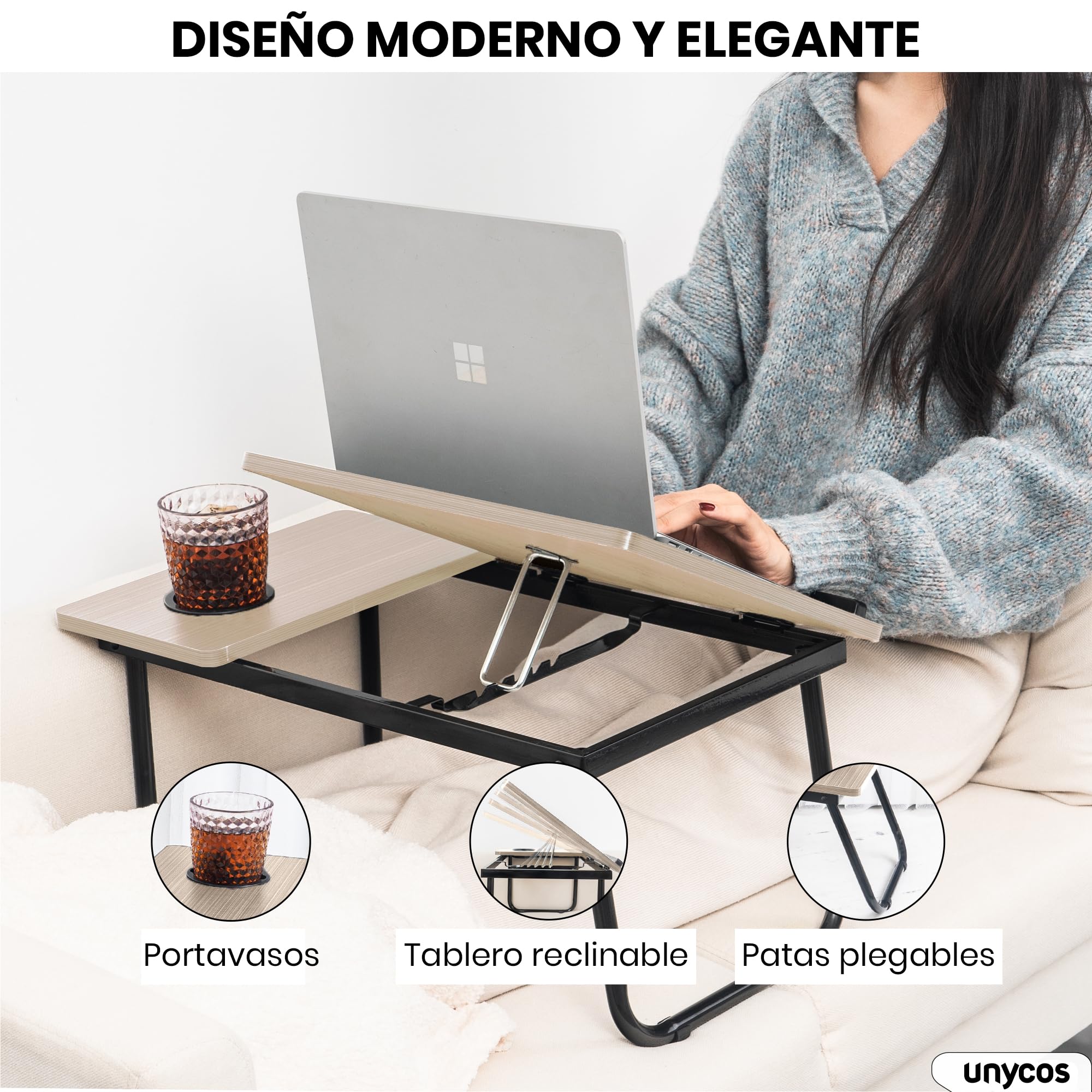 unycos - Bandeja para Cama y Sofá Reclinable, Mesa Plegable de Desayuno con Portavasos para Ordenador Portátil y Libros, Mesita Auxiliar en MDF/Acero/Plástico 56x33x23cm | 22,04" x12,99 x9,05 (Arce)