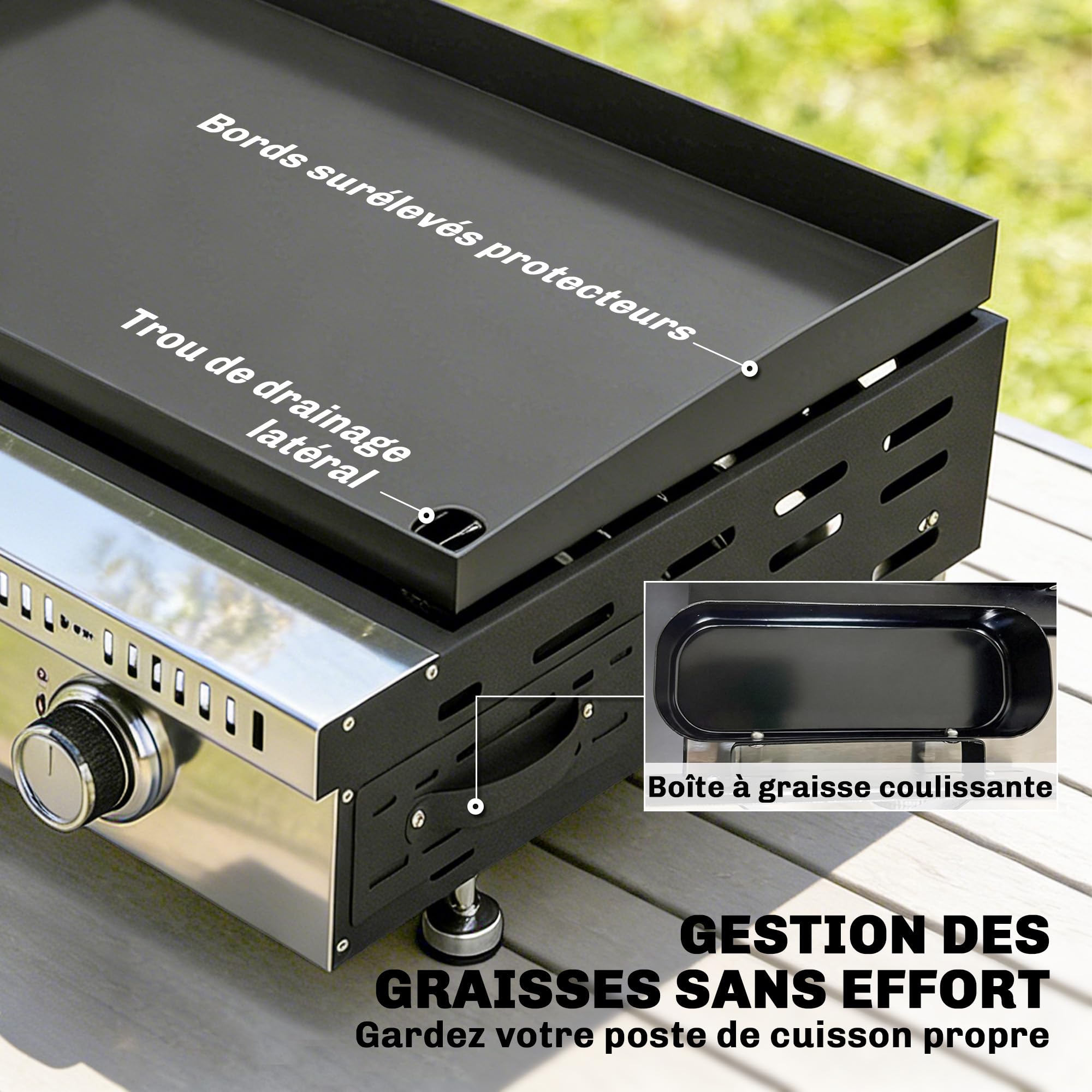 Outsunny Plancha gaz 9 kW 3 brûleurs en acier inoxydable, surface cuisson 56,5 x 33 cm avec bac de récupération des graisses, propane/butane/GPL, portable pour camping, pique-nique et terrasse, noir