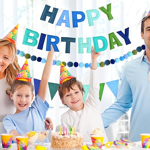 Miniatura 4 de CANREVEL Cartel de feliz cumpleaños 3D preencordado, 3 guirnaldas de fieltro azul, guirnalda de pompones, banderines de tela triangular,