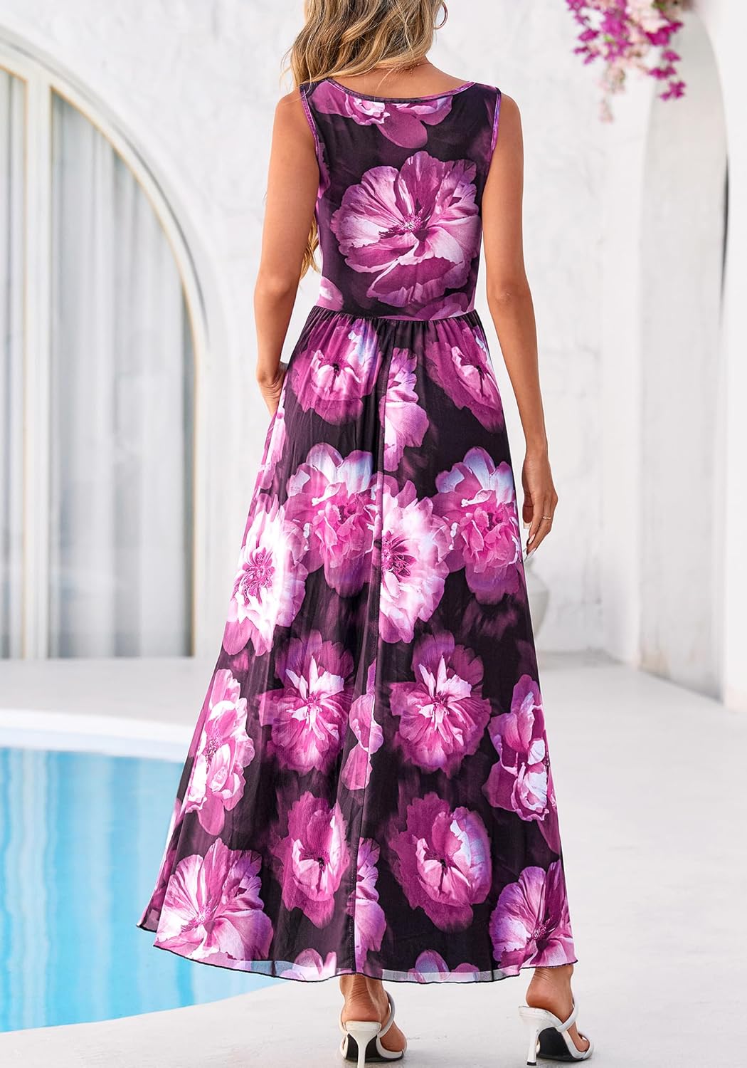 BTFBM Summer Dresses for Women 2026 Floral Maxi Dress Sleeveless Mesh Flowy Long Sundress Beach Vacation Clothes Pockets - Image 3