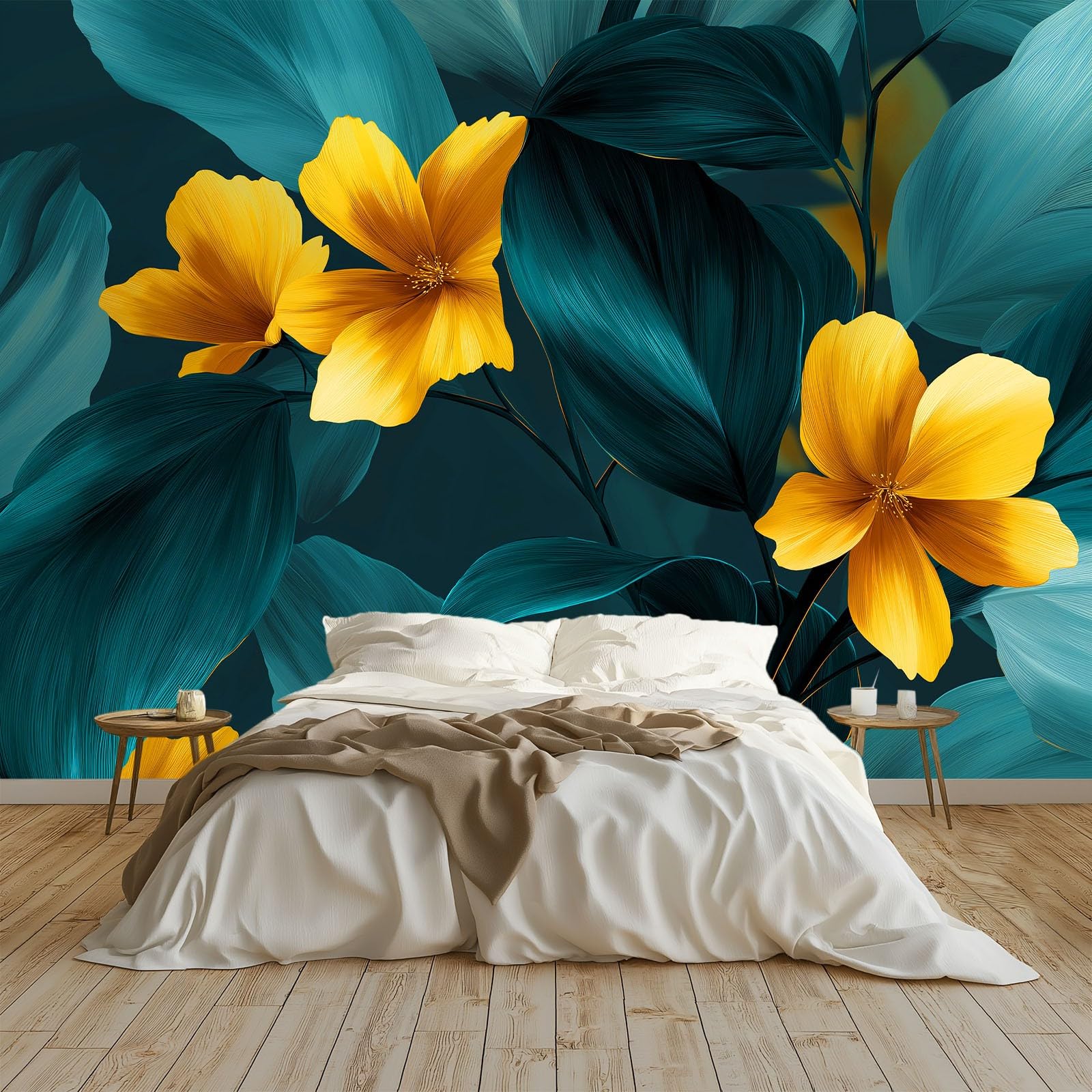 Panoramiczna tapeta 3D 350 x 256 cm elegancja rośliny kwiaty liście tapeta z włókniny, duży plakat ścienny do salonu, dekoracji pokoju dziecięcego, łatwy montaż, ciemnoniebiesko-ciemnozielony