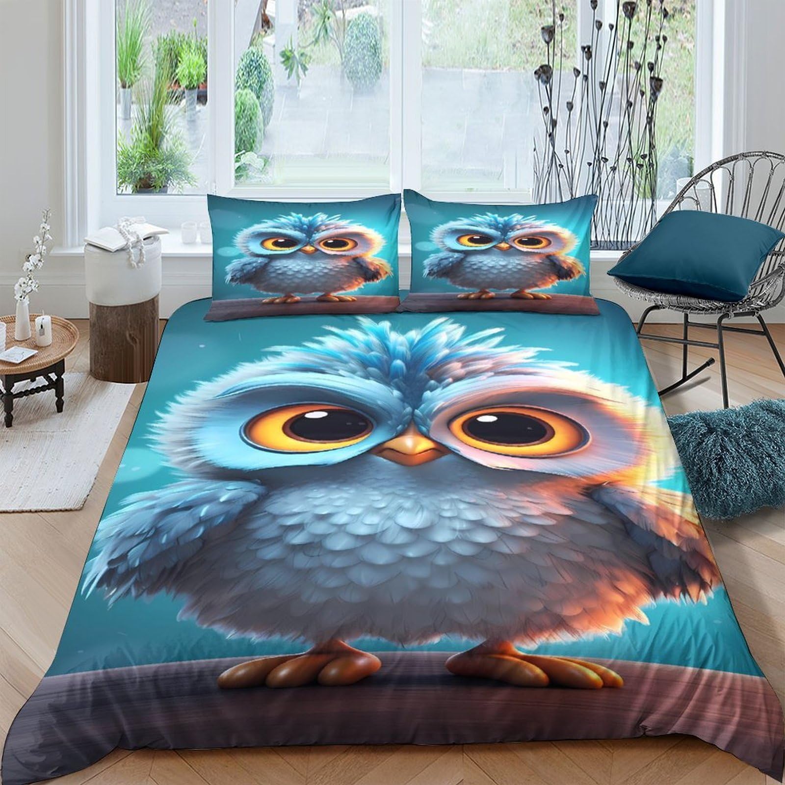 Ctjqhvkz Style-5 3D Printed Blue Owl Fitted Sheet Microfiber Soft Slip-Resistant Cartoon Bird Mattress Cover For Bedroom Dorm Decorative Protection Single（135X200cm）