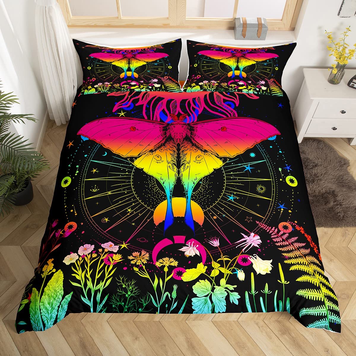 Homewish Girls Multi 12 Sun And Moon Duvet Cover Single,Rainbow Butterfly Moth Bedding Set For Teen Women,Trippy Colorful Floral Botanical Comforter Cover Hippie Galaxy Stars Planet Quilt Cover 2 Pcs